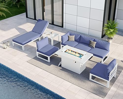 Miniatura 594 de NICESOUL 7 Piece White Powder-Coated Aluminum Patio Furniture with Fire Pit Table, 29 Inch Extra Wide Outdoor Sectional Sofa for 6, High-End Heavy