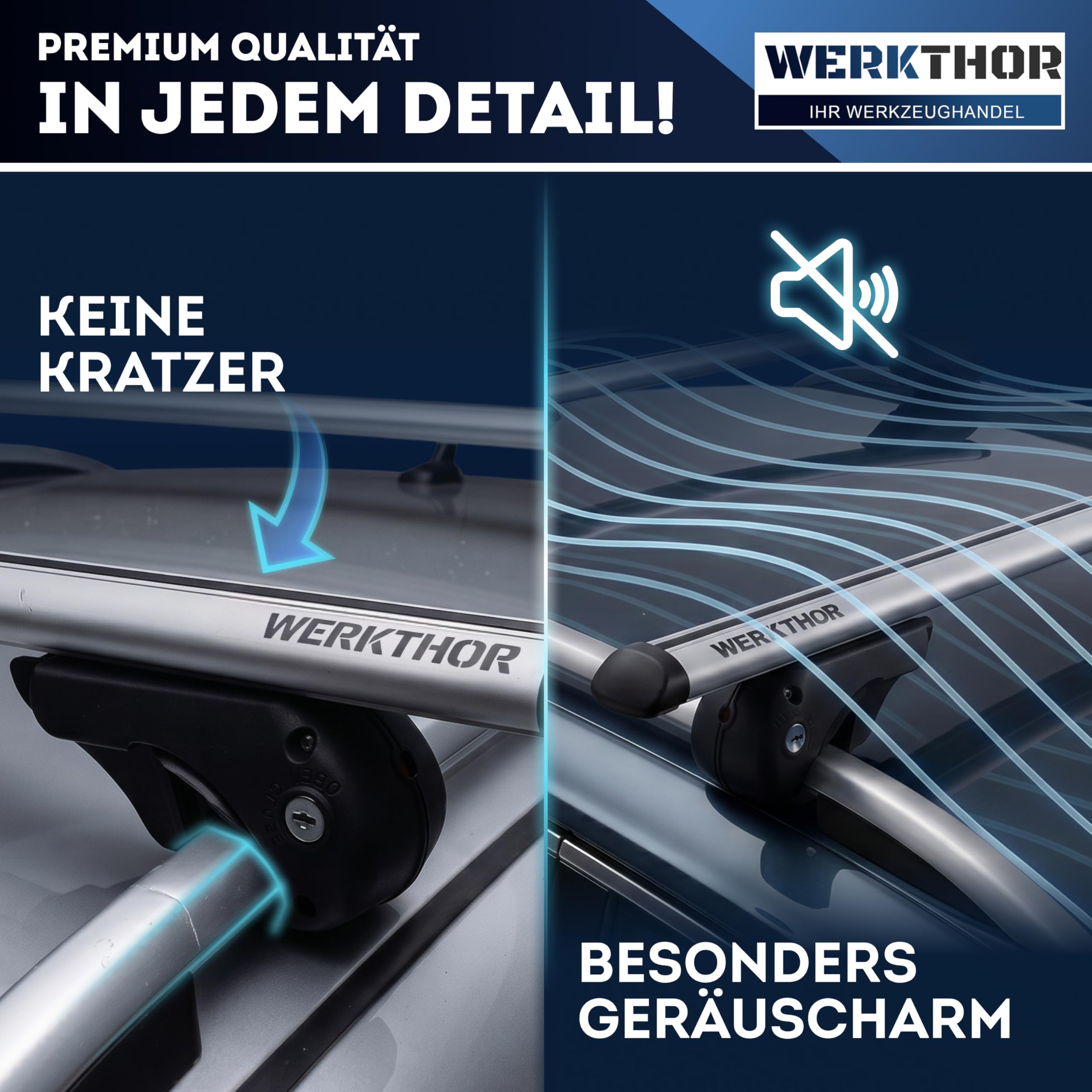 WERKTHOR Alu Dachträger 120cm für Offene Reling – Aerodynamischer Relingträger Vormontiert & Abschließbar – Auto Dachträger 90kg – Universal für Dachbox & Fahrrad