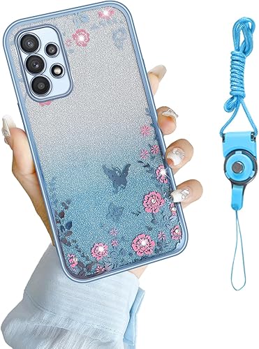 Funda para Galaxy A23 5G, Samsung A23 5G (no para A23 5G UW) para mujeres, cambio gradual con purpurina, cristal, TPU, elegante, mariposa, floral,
