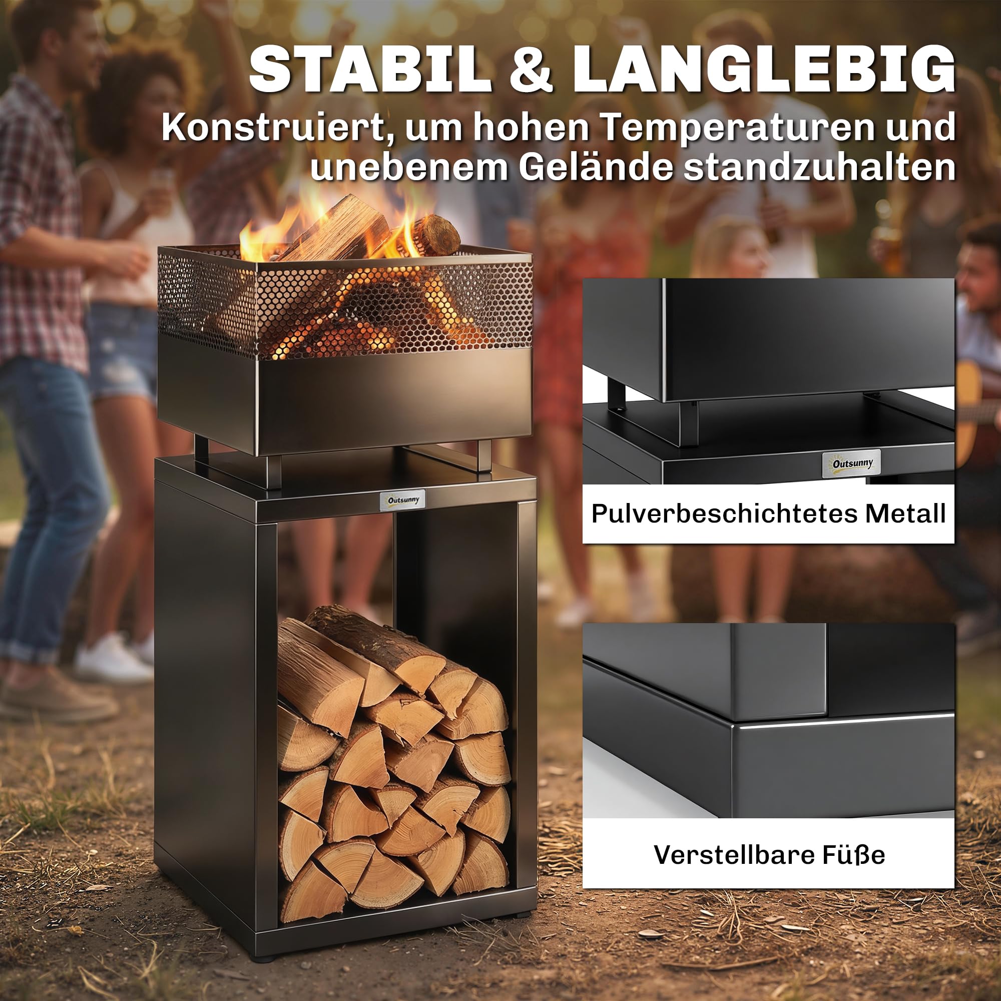 Outsunny Feuerschale mit Holzlager Kohlegitter 39 x 39 x 87 cm Schwarz | Feuerstelle, Verstellbaren Füßen, Feuerschalen Feuerkorb, für Garten Balkon Terrasse, Outdoor BBQ Camping