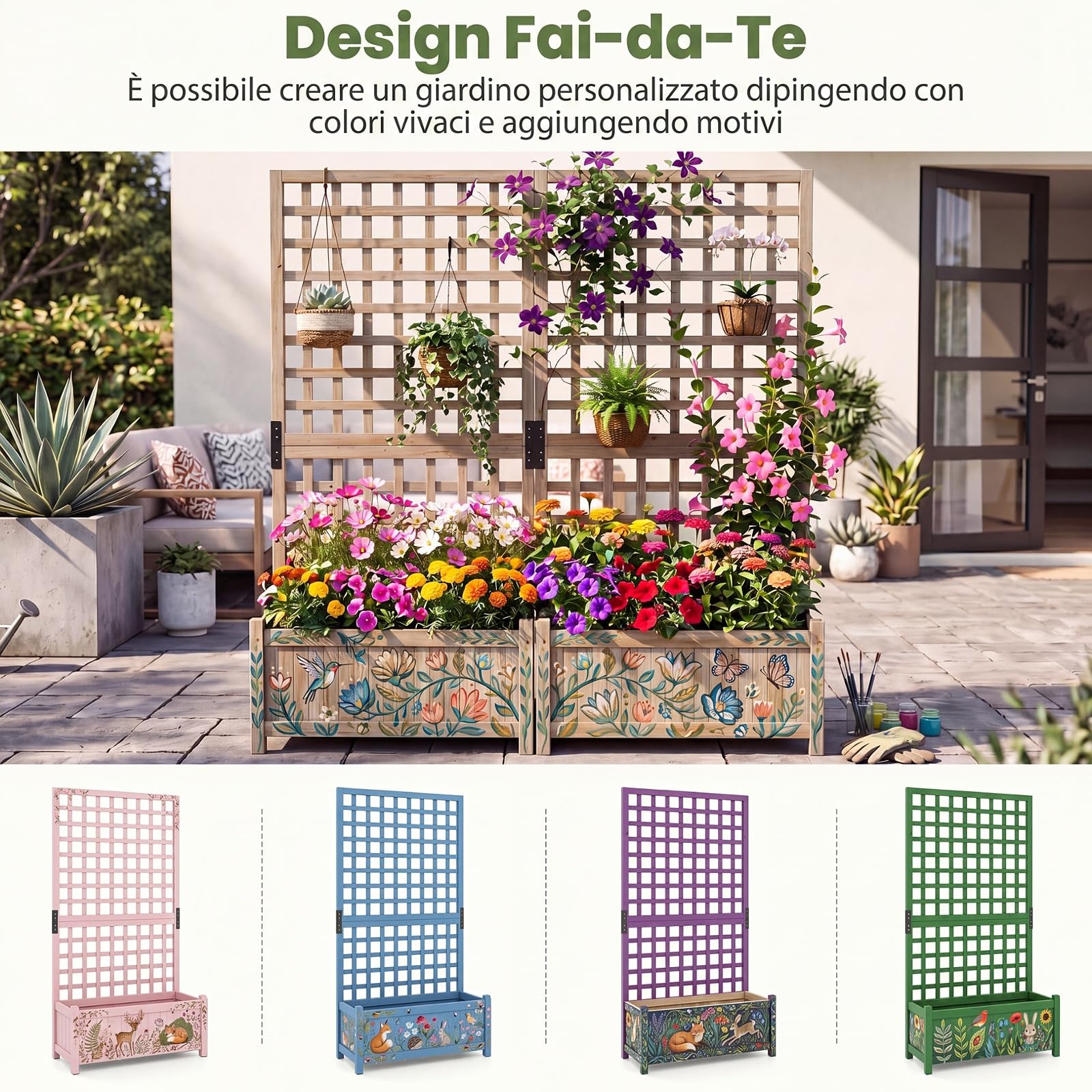 COSTWAY 2 in 1 Fioriera con Traliccio, Letto Orto Rialzato in Legno con Grigliato per Piante Rampicanti, Pannello Rimovibile e Fori di Drenaggio, per Fiori e Verdure, 76 x 32 x 143 cm (Naturale)