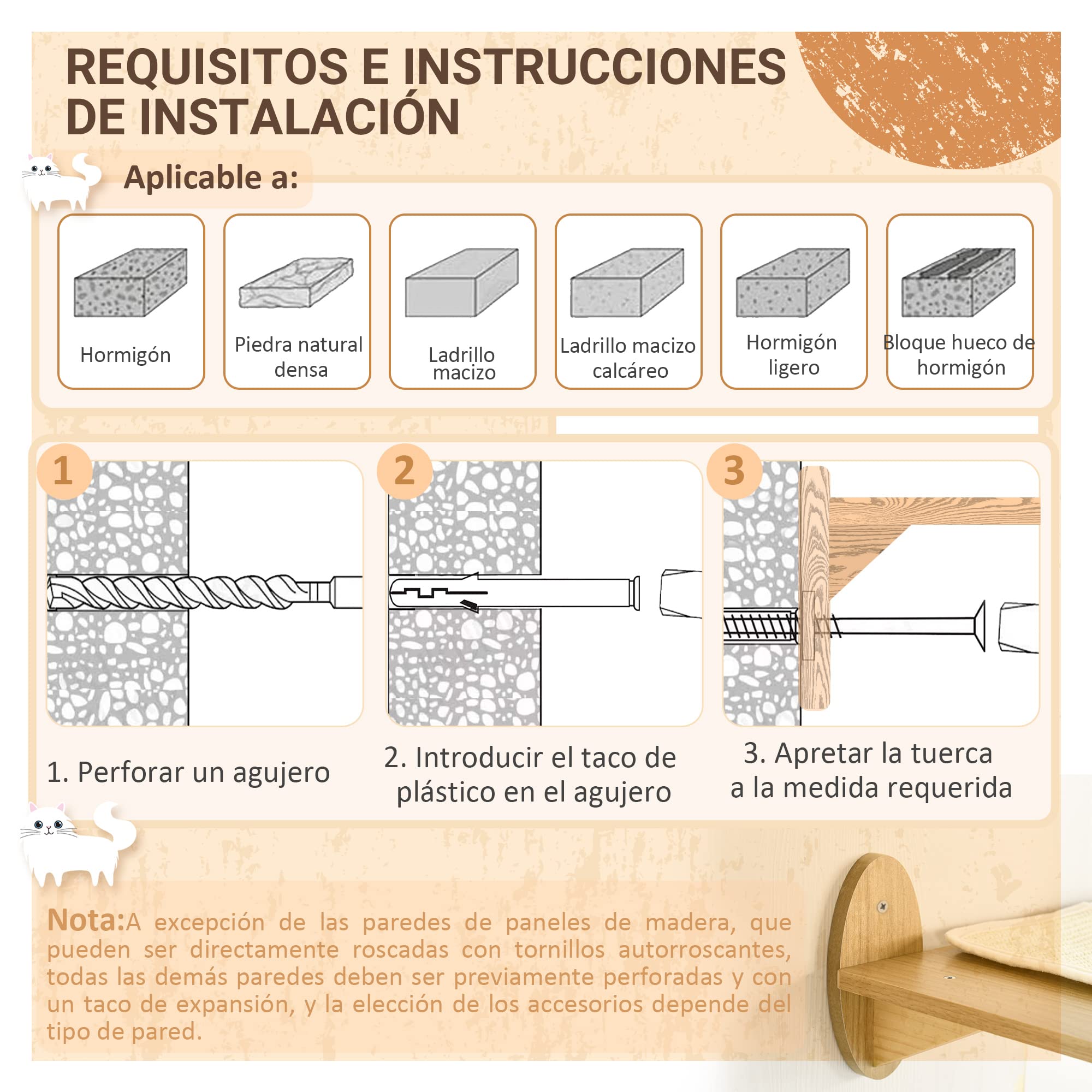 PawHut Estantes para Gatos de Pared 3 Piezas con Caseta y Hamaca Roble | Juego de Estantes Escalada para Gatos, Plataformas, Poste de Sisal
