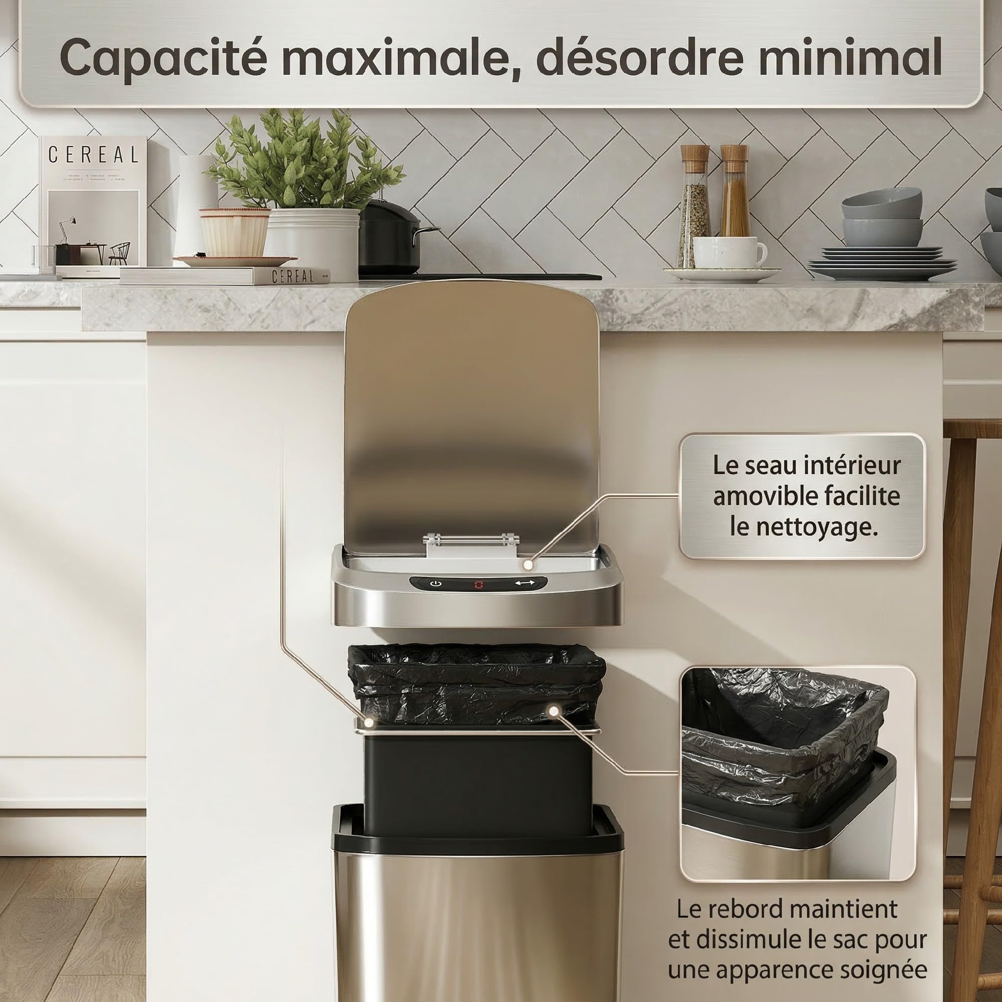 HOMCOM Poubelle de cuisine automatique 12 L en acier inoxydable, poubelle à capteur de mouvement sans contact avec couvercle, anti-traces de doigts, pour maison, salon, bureau, argent
