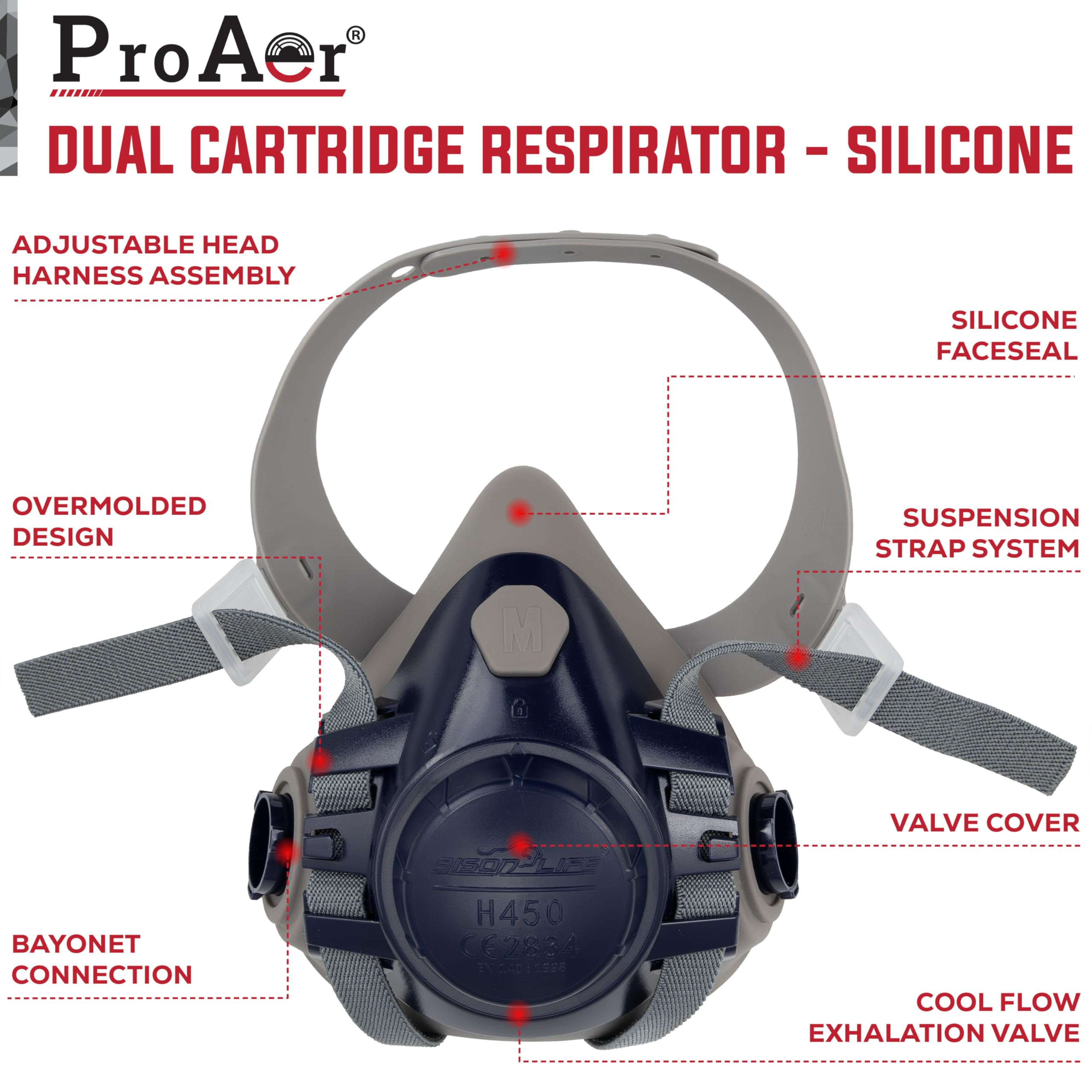 BISON LIFE ProAer™- H450 with PF201 Industrial Respirator Mask, Reusable Face Mask for Welding Sanding, Grinding, Casting - Image 2