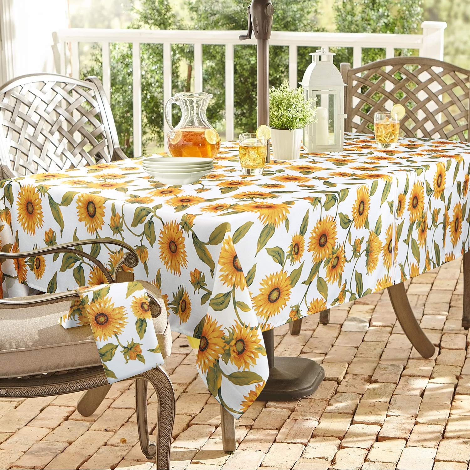 ColorBird Sunflower Outdoor Tablecloth Water Resistant Spillproof Polyester Fabric Table Cover with Zipper Umbrella Hole for Spring Summer Patio Garden Tabletop Decor, 60 x 84 Inch, Zippered