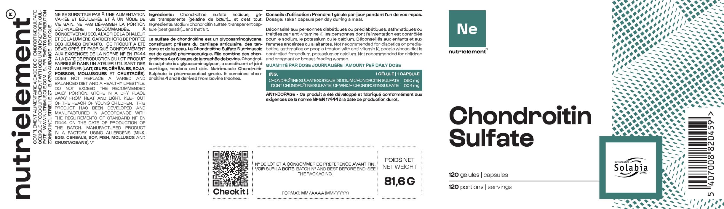 Chondroïtine Sulfate 100% Pure | Protecteur articulaire • Résistance des tendons • Régénération tissulaire |Nutrielement by Nutrimuscle | 120 Gélules