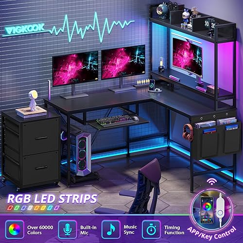 Miniatura 3 de VIGKOOK Escritorio para juegos en forma de L con estantes, escritorios reversibles de oficina en casa de 55 pulgadas con toma de corriente, tira LED