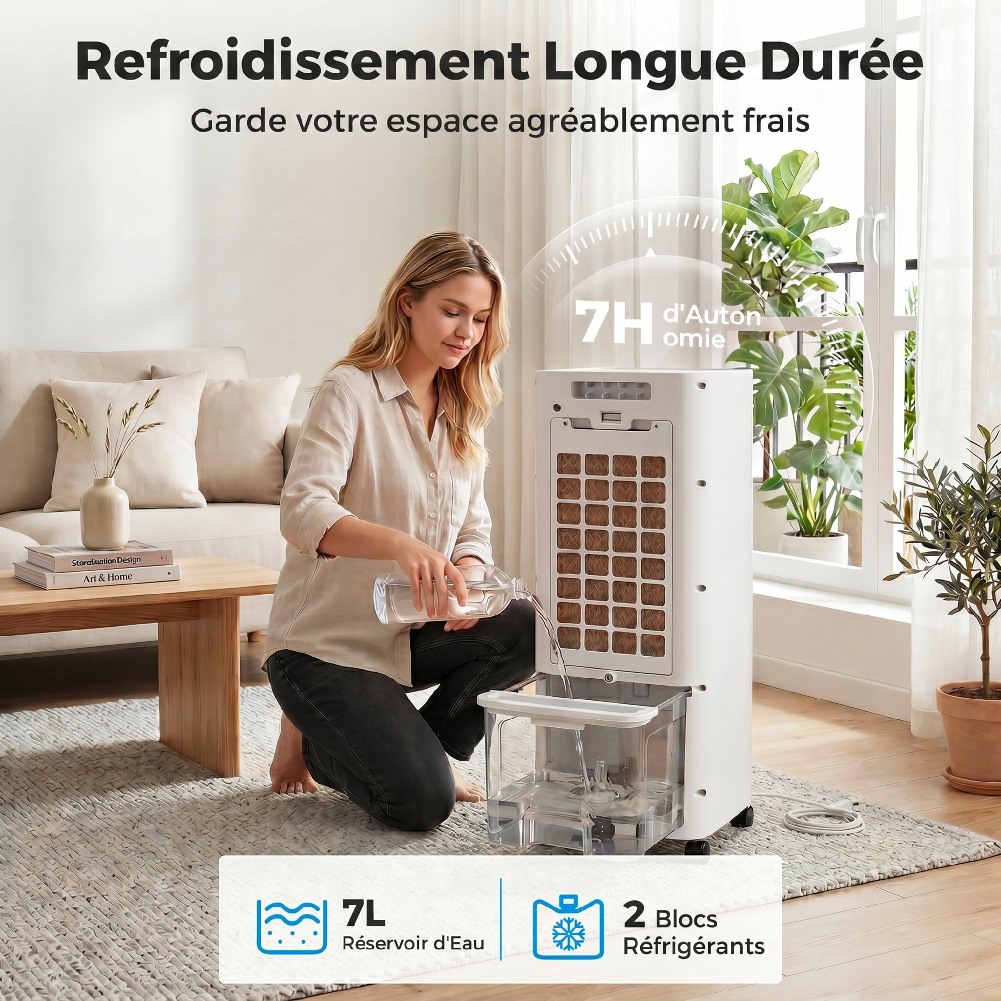 HOMCOM Refroidisseur d'air portable 3 en 1 refroidisseur humidificateur et ventilateur, oscillation 48°, 3 vitesses 3 modes, réservoir d'eau 7L, blocs de glace, télécommande, panneau tactile, blanc