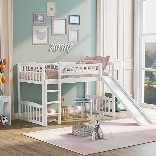 Miniatura 1 de ODC Cama alta de tamaño individual con tobogán para niños cama alta baja de madera maciza con escalera y barandilla cama de madera para niños niñas