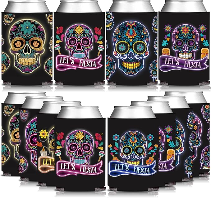 Black Mexican Fiesta Skull Face Can Sleeve Holder 12PCS, Dia De Muertos Death of the Day Beverage Drink Bottle Cooler Cover, Cinco de Mayo Birthday Bridal Shower Bachelorette Gift Decorations