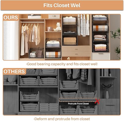 Miniatura 7 de Paquete de 4 cestas de almacenamiento de metal con riel deslizante, cajones organizadores de ropa para armario, contenedores de alambre apilables