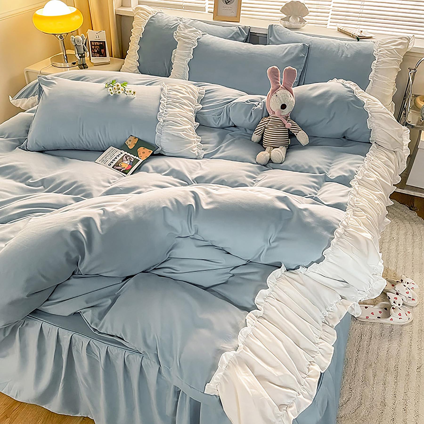 Parure lit Queen Size, Ensemble literie Simple Coton Couleur Unie Couvre-lit Dentelle Style Ensemble draps Comprenant Ensembles Couette Un Drap Plat Une taie d'oreiller,Bleu,Twin