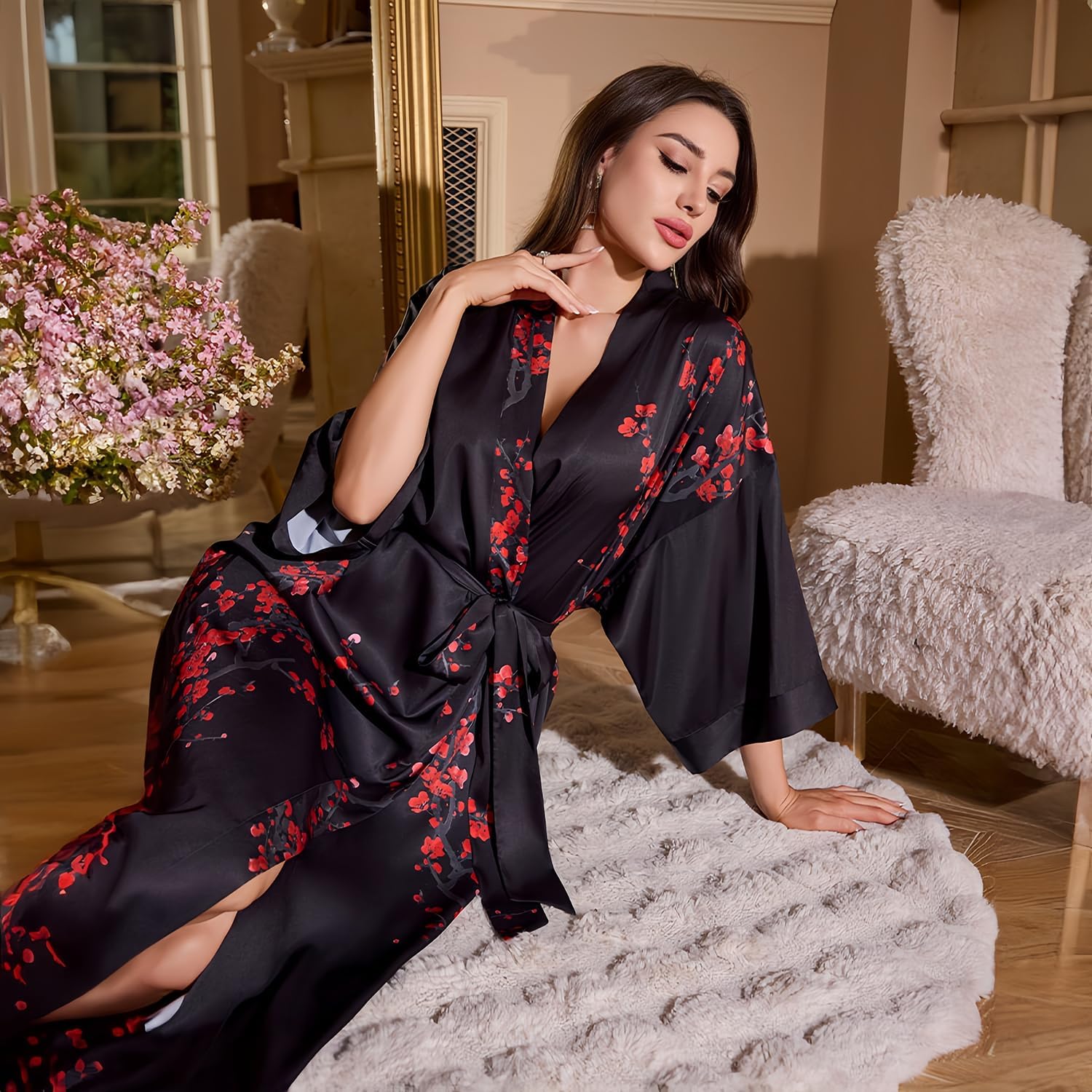Women's Silky Satin Kimono Robe,Long Floral Print Bathrobe, Bridesmaid Wedding Sleepwear - Image 5