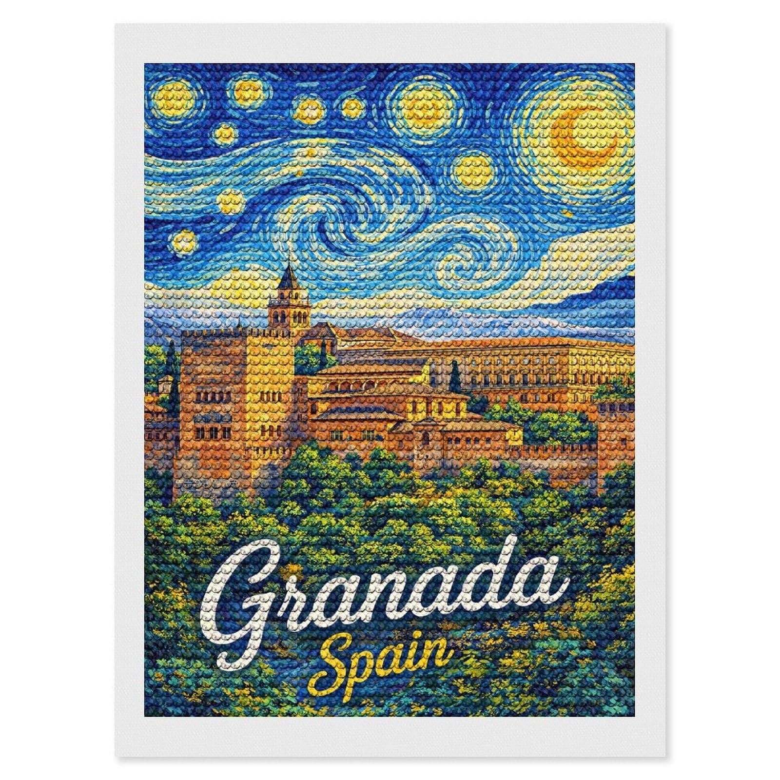 Junmoney Granada Spain Starry Night Painting DIY Diamond Art Canvas Kit 12"x16", Pleasing Wall Art Project, Easy Handmade Project, Living Room Decor