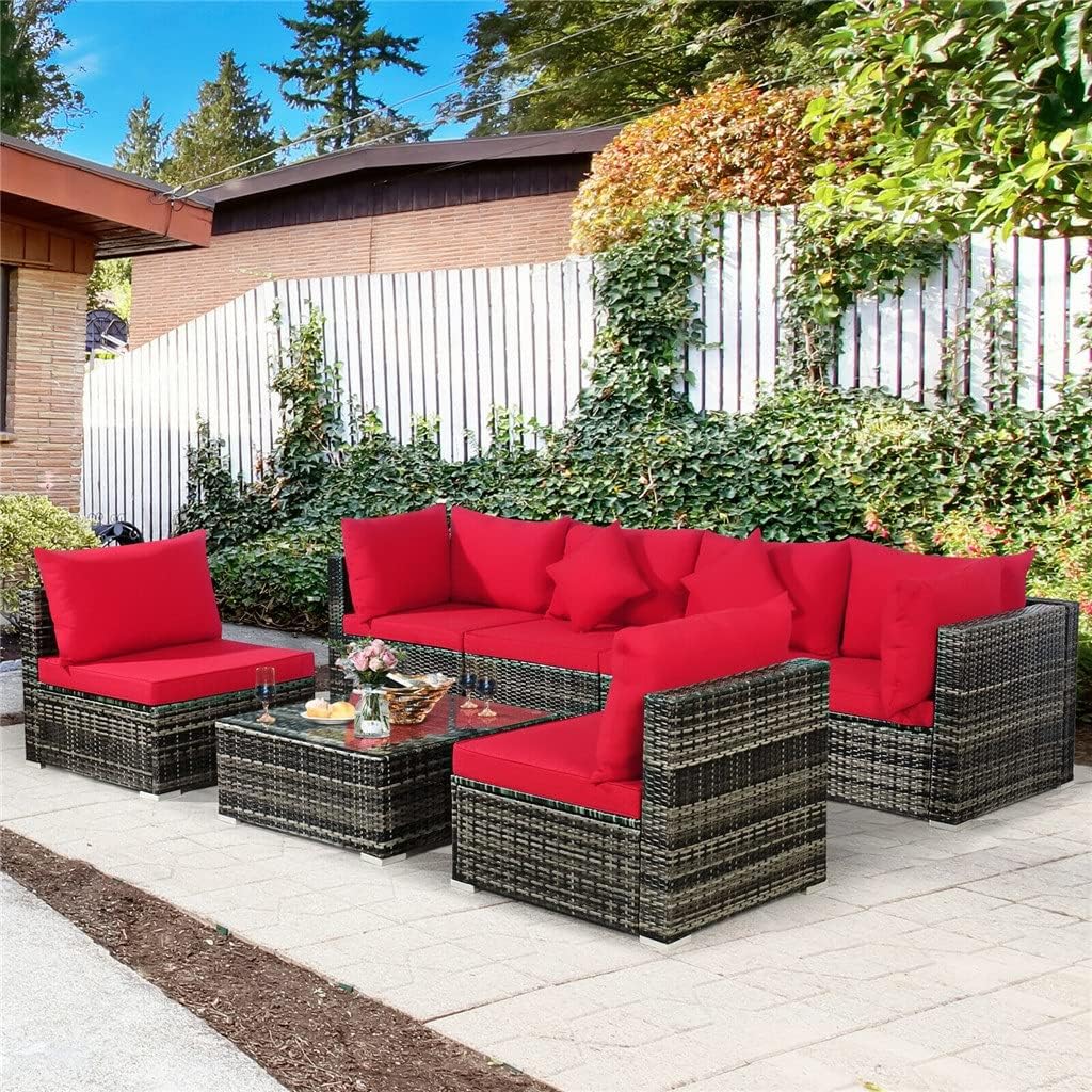 7PCS Patio Rattan Furniture Set Sectional Sofa Garden Red Cushion Outdoor