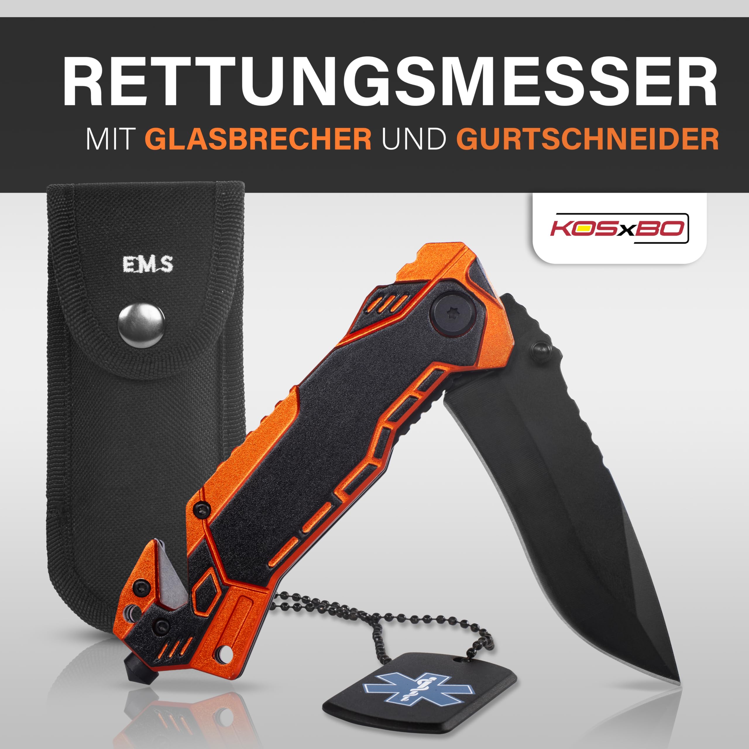 KOSxBO Rescue Knife EMS Rettungsmesser mit Glasbrecher und Gurtschneider inkl. Messertasche und Dog Tag - Messer Taschenmesser Outdoor Messer Klappmesser Survival Camping