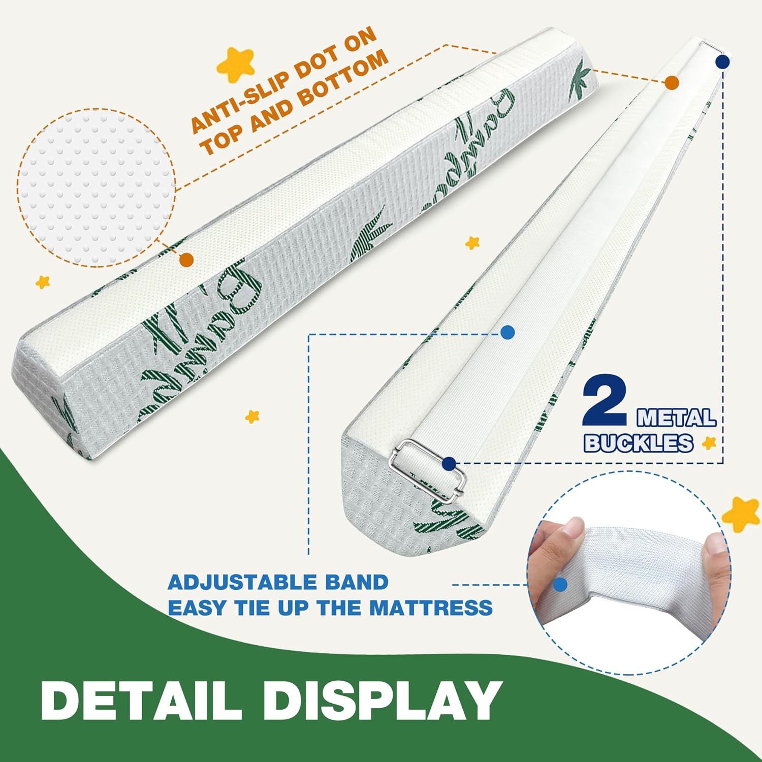 Baby Bed Bumpers for Toddlers with Adjustable Bandd, Foam Bed Guard Rail for Kids Bed Twin Full Queen King Size Bed, 2 Pack