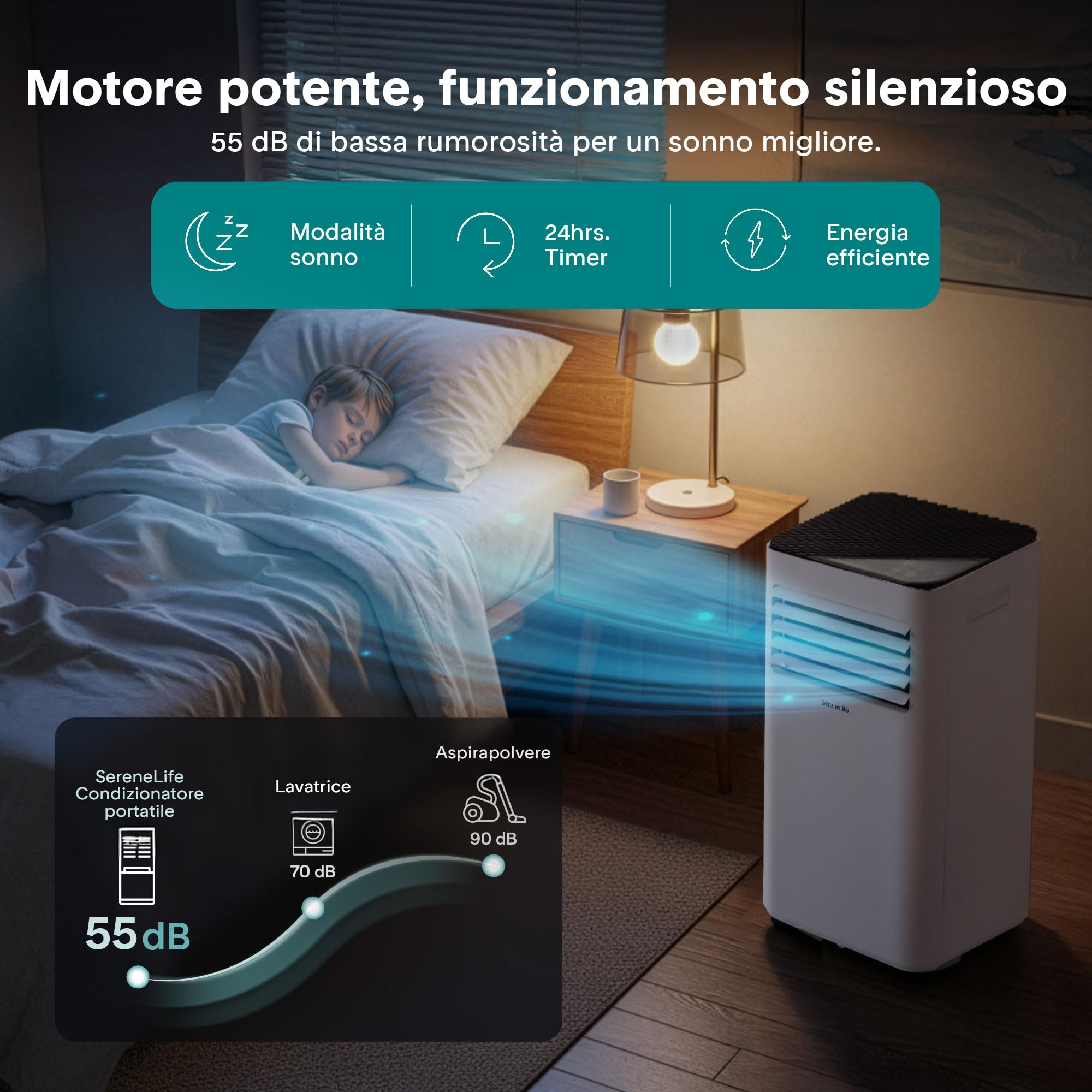 SereneLife przenośna klimatyzacja i ogrzewanie – mobilny klimatyzator 9000 BTU z zestawem okiennym, cicha praca, 3 tryby, 12-godzinny timer, funkcja Wi-Fi, do domu i biura