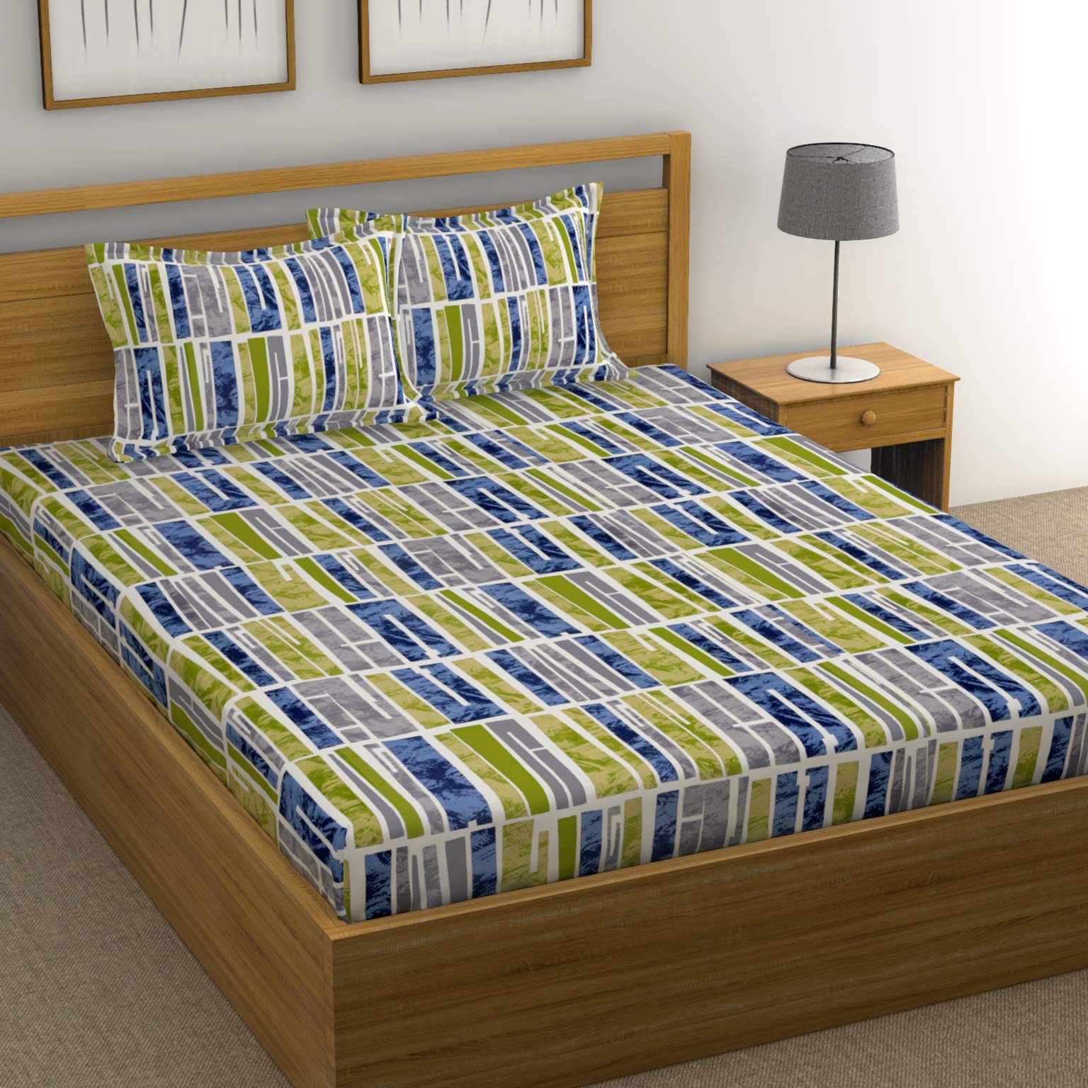 Huesland by Ahmedabad Cotton 144 TC Cotton King Size Bedsheet with 2 Pillow Covers - Blue, Green & Grey(9ft x 9ft) (B0822TB7WN) Amazon Price History, Amazon Price Tracker