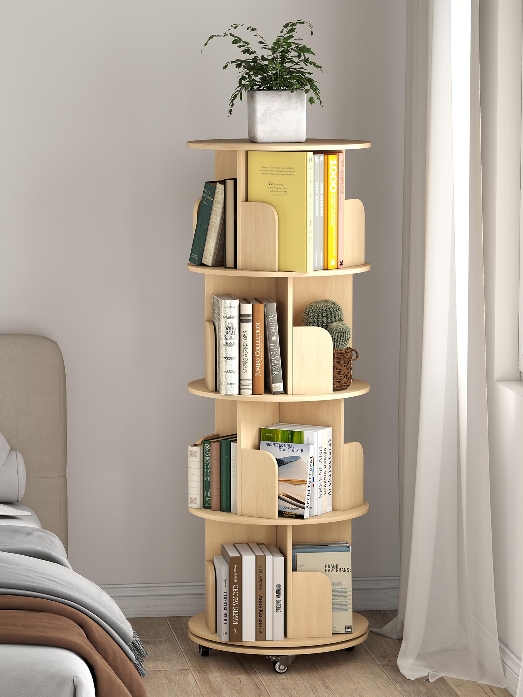 Estantería giratoria extraíble de 360° de 4 niveles, estantería giratoria con ruedas, almacenamiento de libros, estante de exhibición de libros, estante de pie para sala de estar, dormitorio