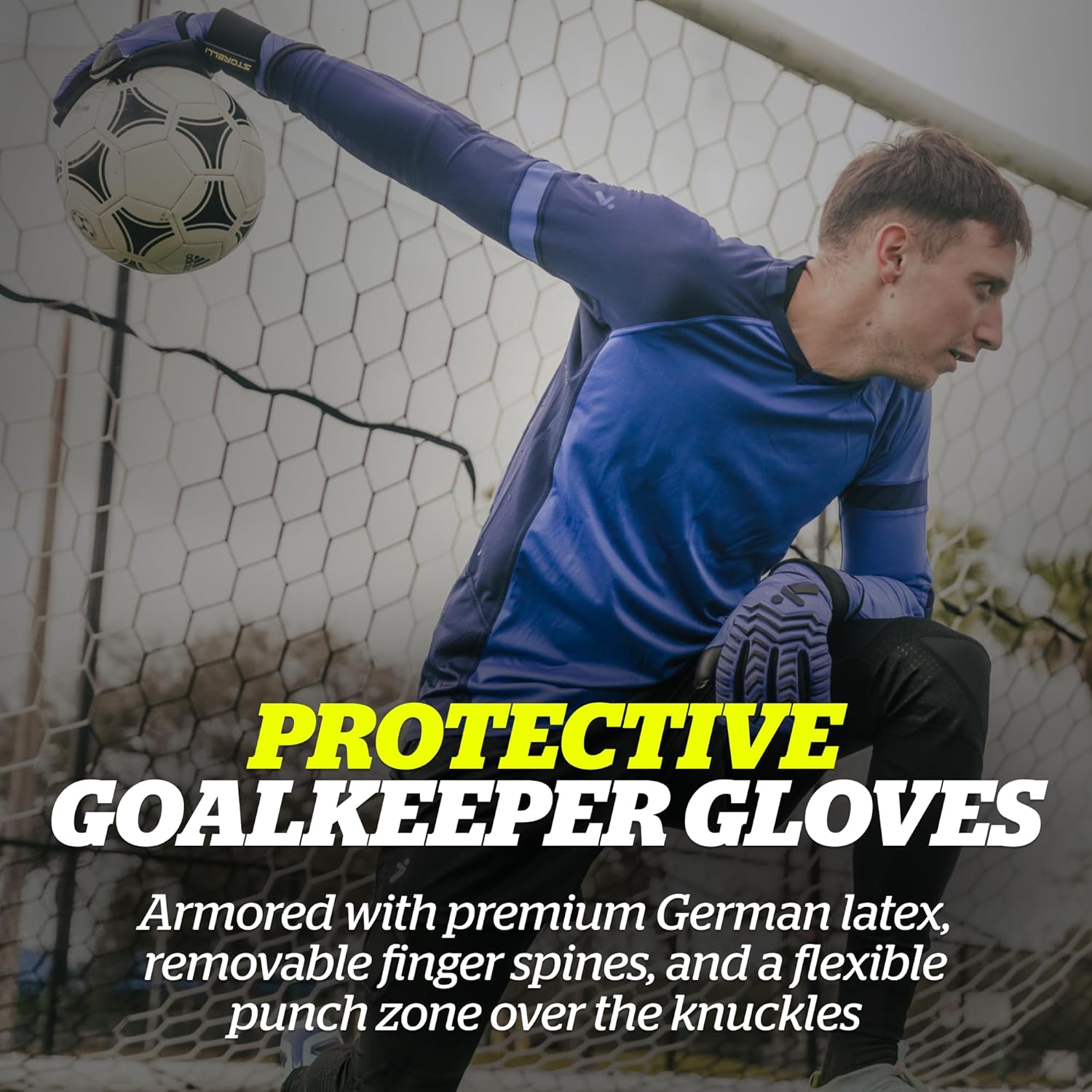 Storelli Electric Goalkeeper Gloves, High-Impact Hand Protection with 5 Removable Finger Spines and Wrist Strap