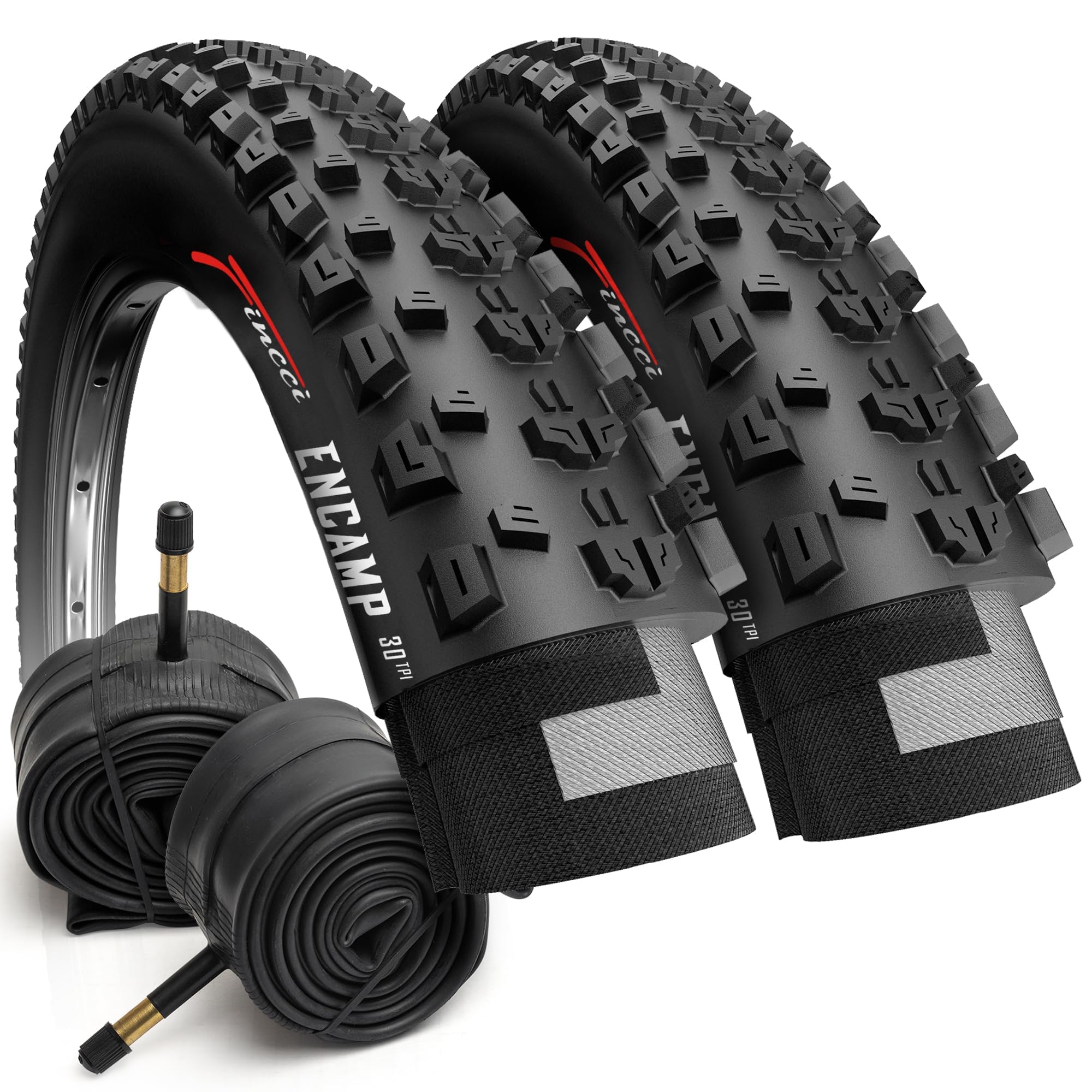 Fincci Encamp Velo Pneus VTT 26 x 2.25 Pouces avec 57-559 Chambre à Air avec 48mm Schrader - Pair Pliable Tire 26" pour Montagne & Hybrid & Electrique Vélo, VTT Tout Terrain, vélo de Ville Pack 2