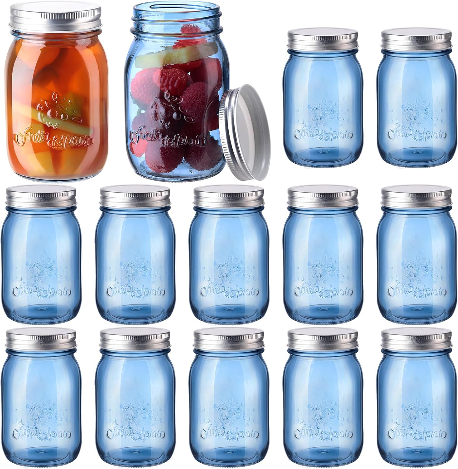 Yaomiao Paquete de 12 tarros azules con tapas, 16 onzas, boca regular, tarros de conservas vintage, herméticos a granel, multifuncionales, para