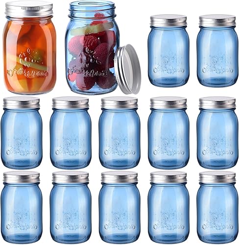 Yaomiao Paquete de 12 tarros azules con tapas, 16 onzas, boca regular, tarros de conservas vintage, herméticos a granel, multifuncionales, para