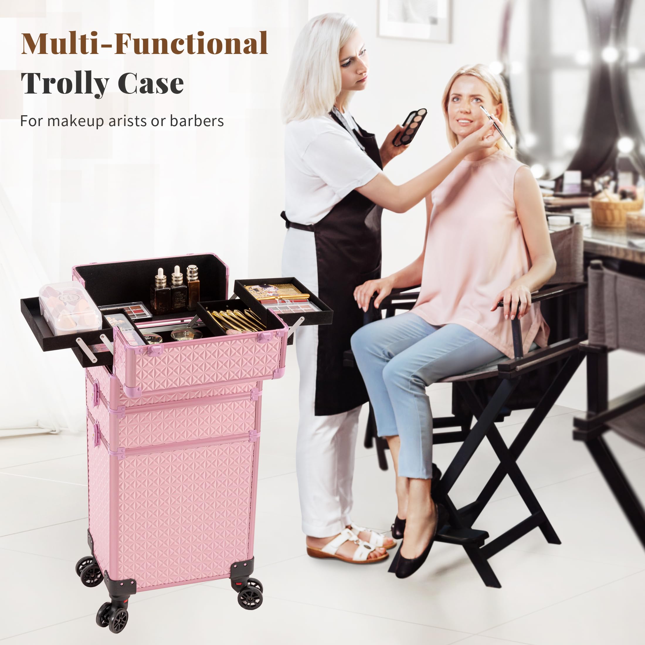 JINGUAN 3 in 1 Rolling Makeup Train Case Professional Large Cosmetic Trolley Cosmetology Case on Wheels Traveling Cart Trunk for Hairstylist Artist Nail Beauty Salon Barber, Pink