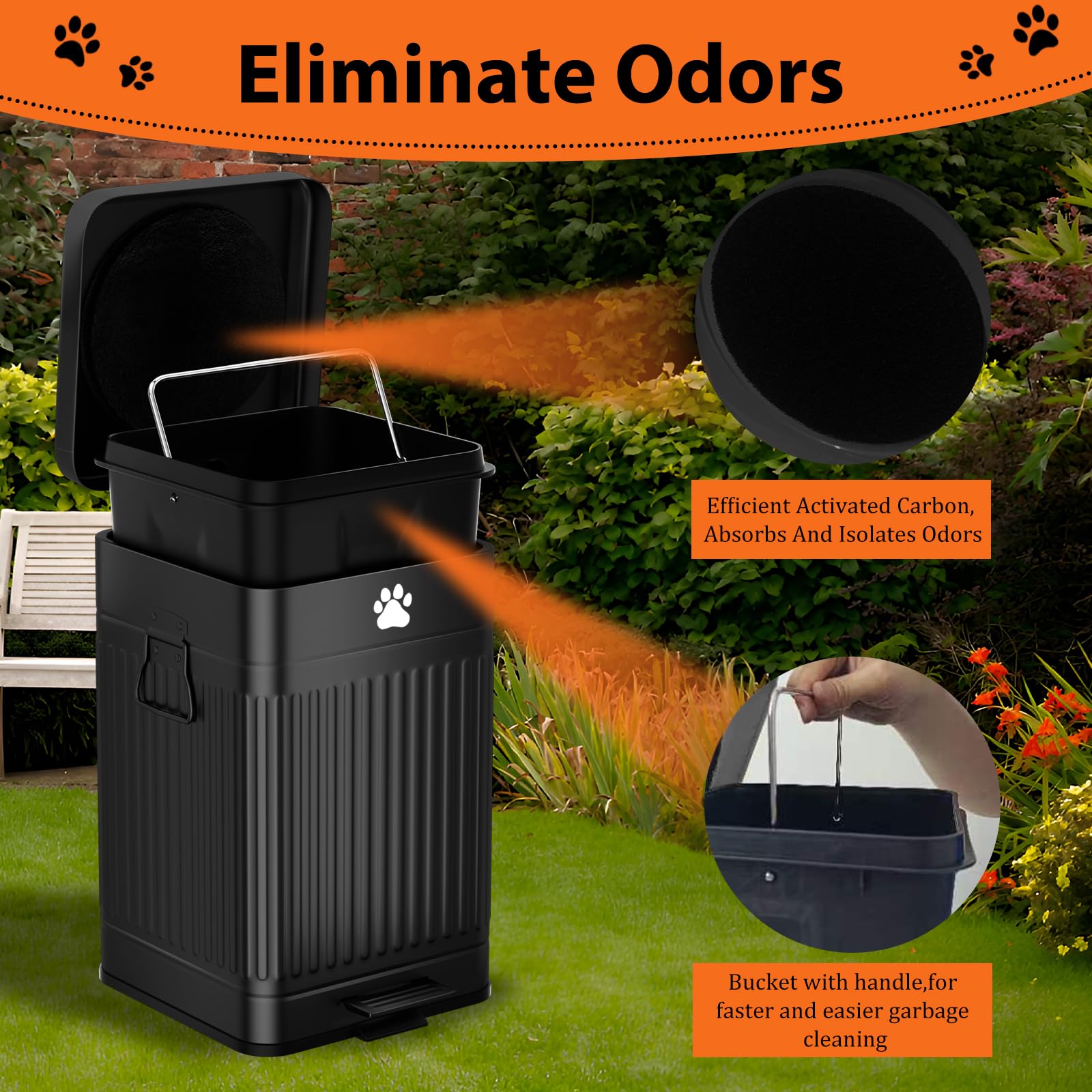 Cubo de basura para excrementos de perro en el exterior, cubo de basura de metal de 12 L/3.1 galones con tapa, pedal de pie, contenedor de residuos para perros con 40 bolsas de residuos