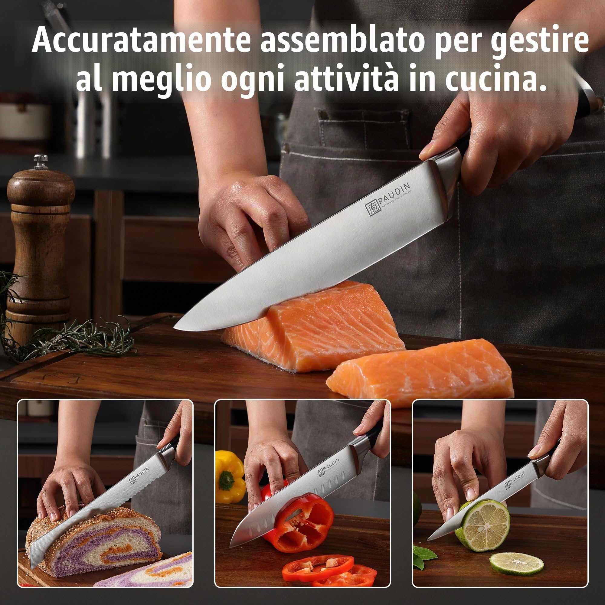 PAUDIN Ceppo coltelli set, set coltelli da cucina 7 pezzi affilati con ceppo in legno,coltello da cucina professionali con coltello da pane in acciaio inossidabile di alta qualità e manico in ABS