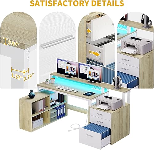 Miniatura 7 de DWVO Escritorio en forma de L con cajones, escritorio para computadora de 65 pulgadas con tomas de corriente y luces LED, escritorio de esquina para