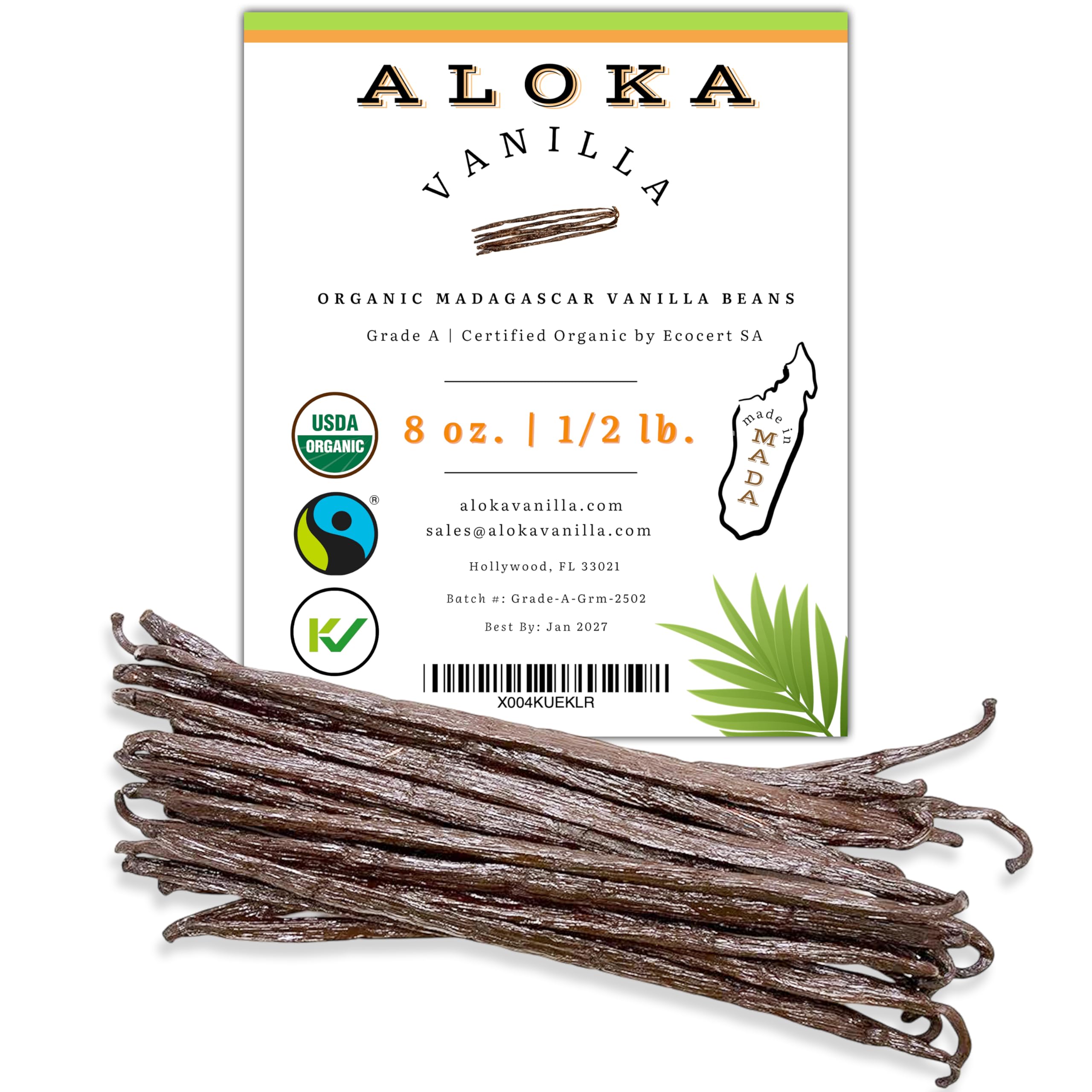 8oz (1/2 Pound) Count Organic Madagascar Vanilla Beans – Grade A Bourbon Pods | Gourmet Whole Vanilla Beans for Baking, Cooking, Extract Making | Rich