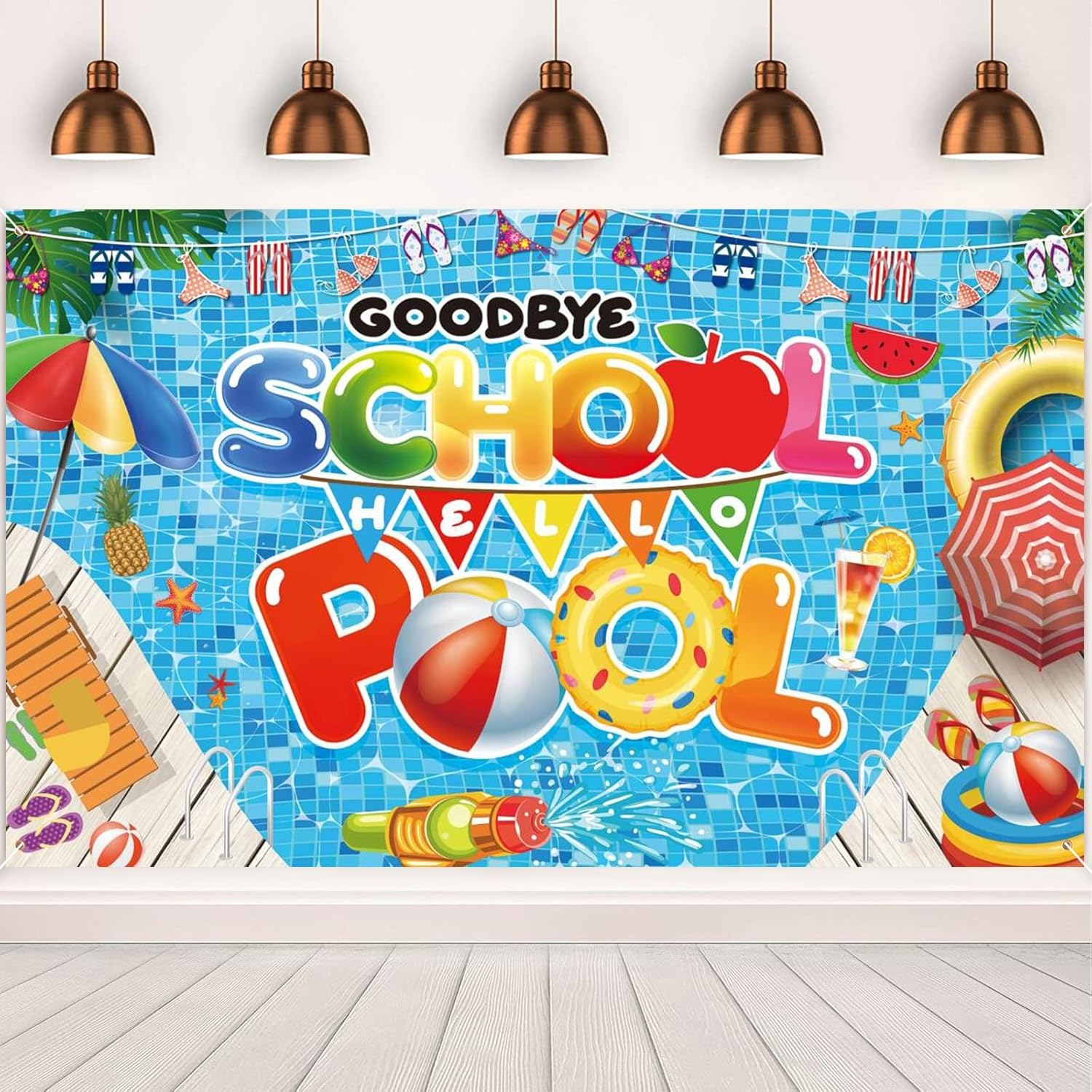 Goodbye School Hello Pool Backdrop Banner, 72.8" x 43.3" School's Out Summer Pool Party Backdrop End of School Year Background Photo Props for Summer Vacation Graduation Party Decor Summer-A