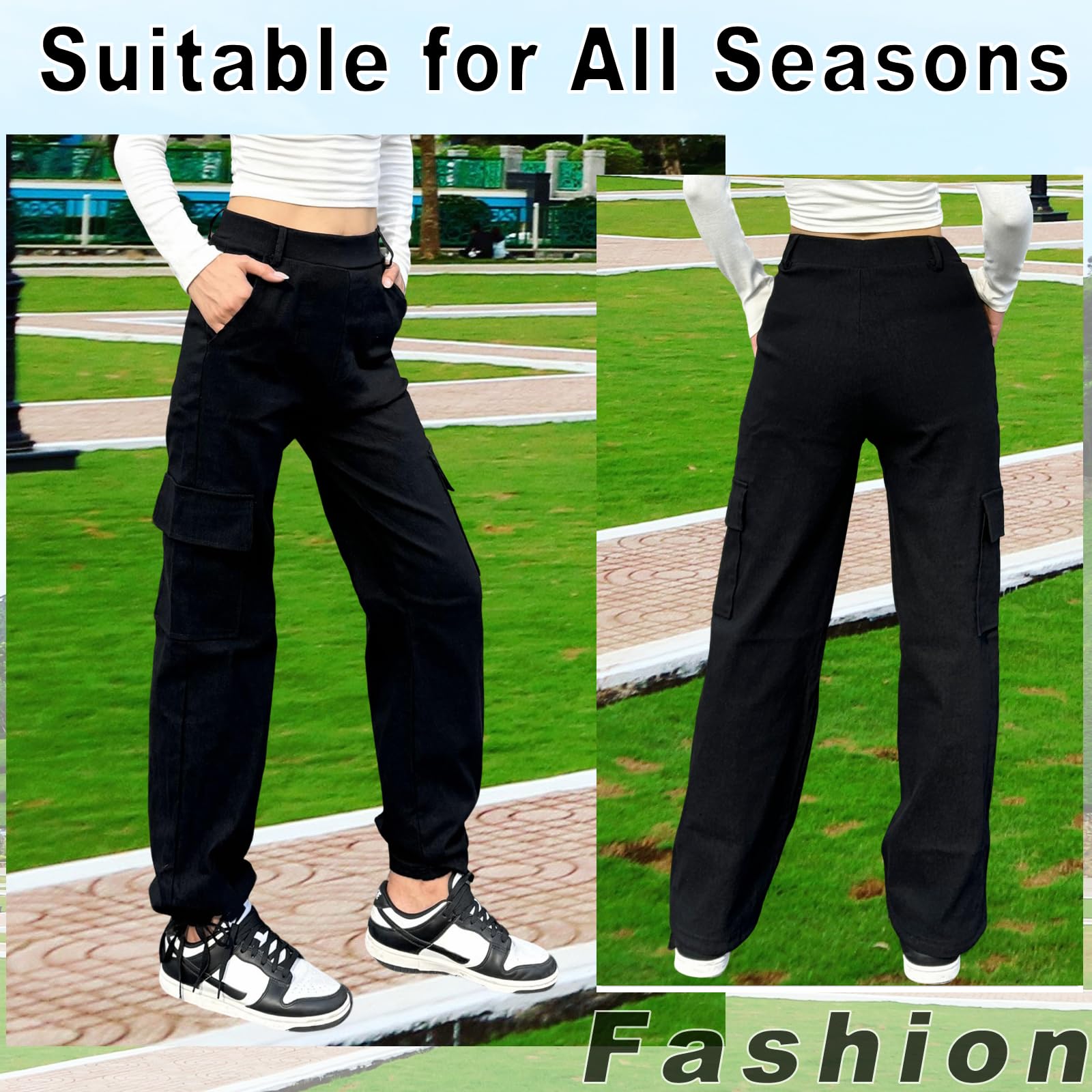 Nuofengkudu Rectos Pantalones Cargo Mujer Puños Ajustables 4 Bolsillos Pantalon Elasticos Cintura Alta Deportiva Trabajo Largos Y2K Adolescentes Goticos Punk Casual Moda