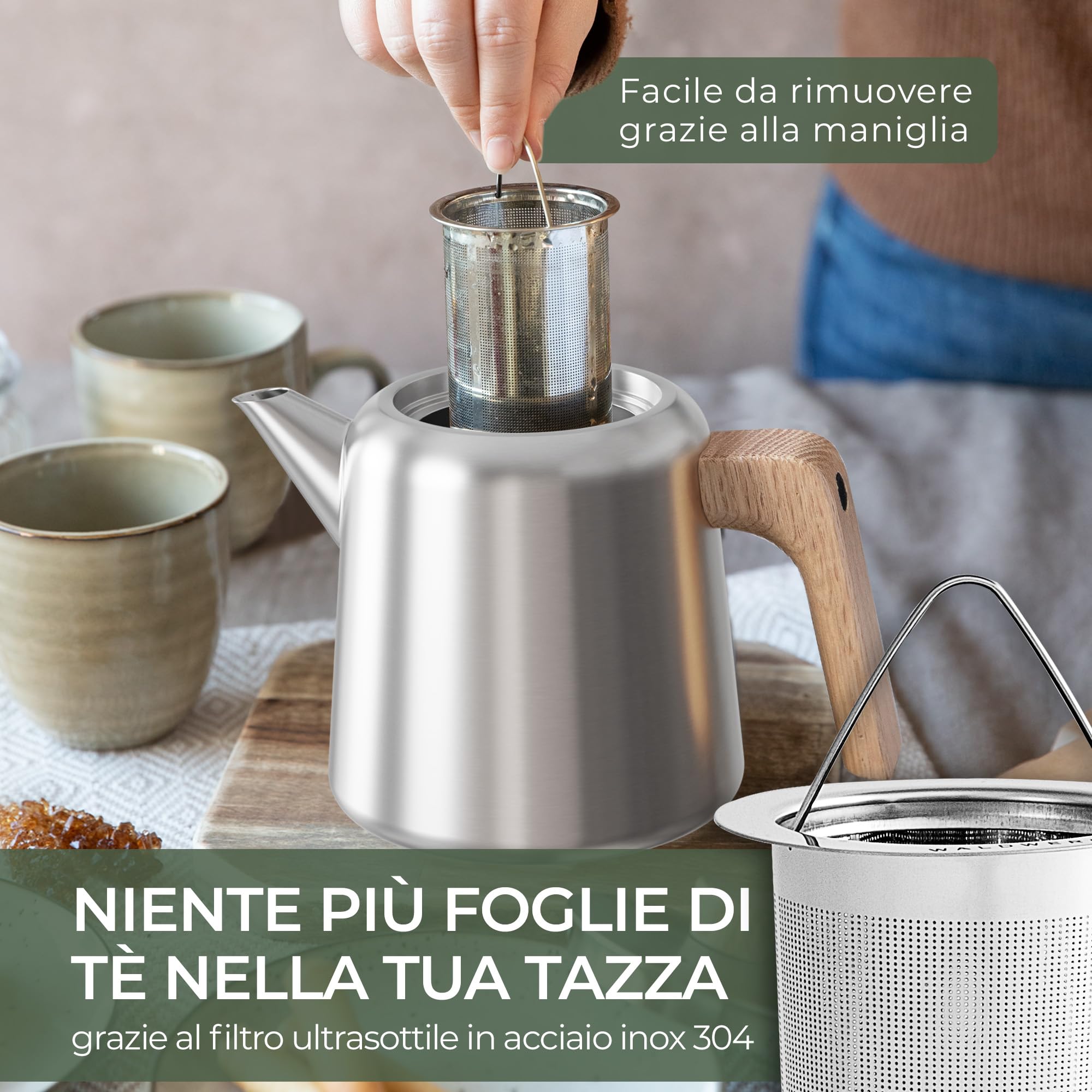 WALDWERK Teiera con scaldino (1,1L) – Teiere con filtro in acciaio inox 304 – Tisaniera in acciaio inox con manici in legno di quercia – 100% antigoccia – Teiera con filtro rimovibile