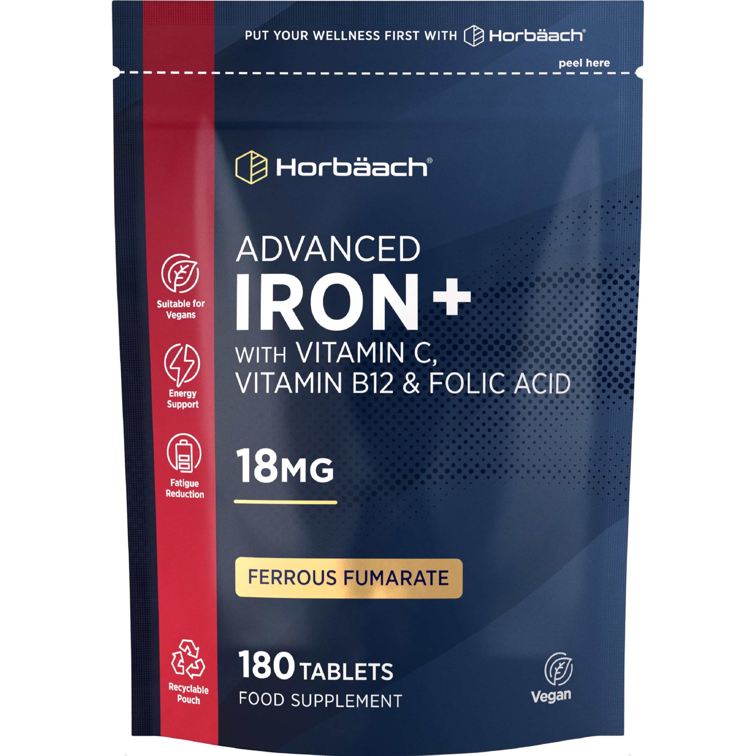 Iron Tablets High Strength 18mg | Energy Tablets with Vitamin C, B12 & Folic Acid | 180 Count | 6 Months Supply & Vegan | Ferrous Fumarate Supplement for Men & Women | by Horbaach