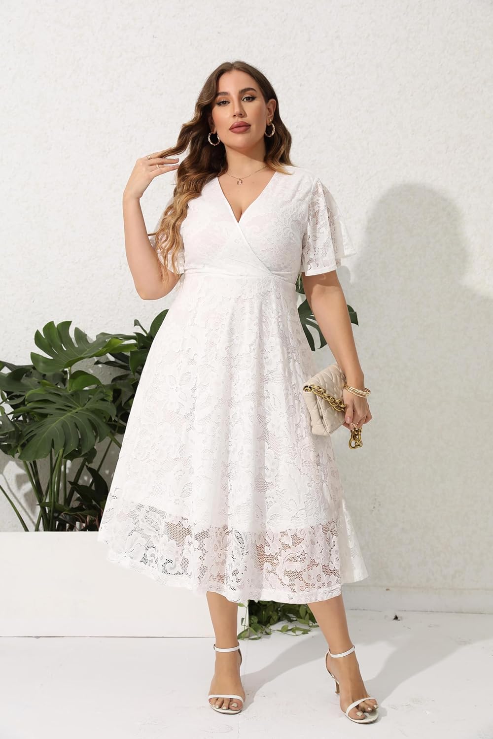 SCOMCHIC Women Plus Size Lace Cocktail Dresses Faux Wrap V Neck Short Sleeve Flowy A Line Wedding Guest Midi Dress - Image 6