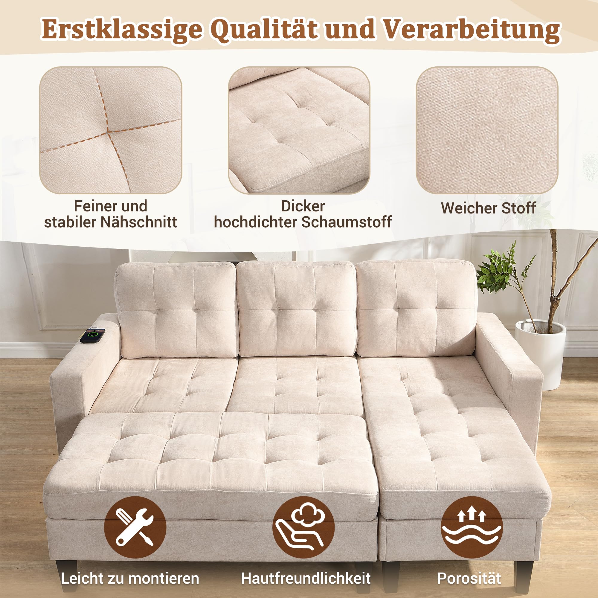 Canapé Modulable L 3 Places avec Ottoman XXL, LED et USB - Convertible en Lit Double, Tissu Chenille - pour Salon ou Appartement