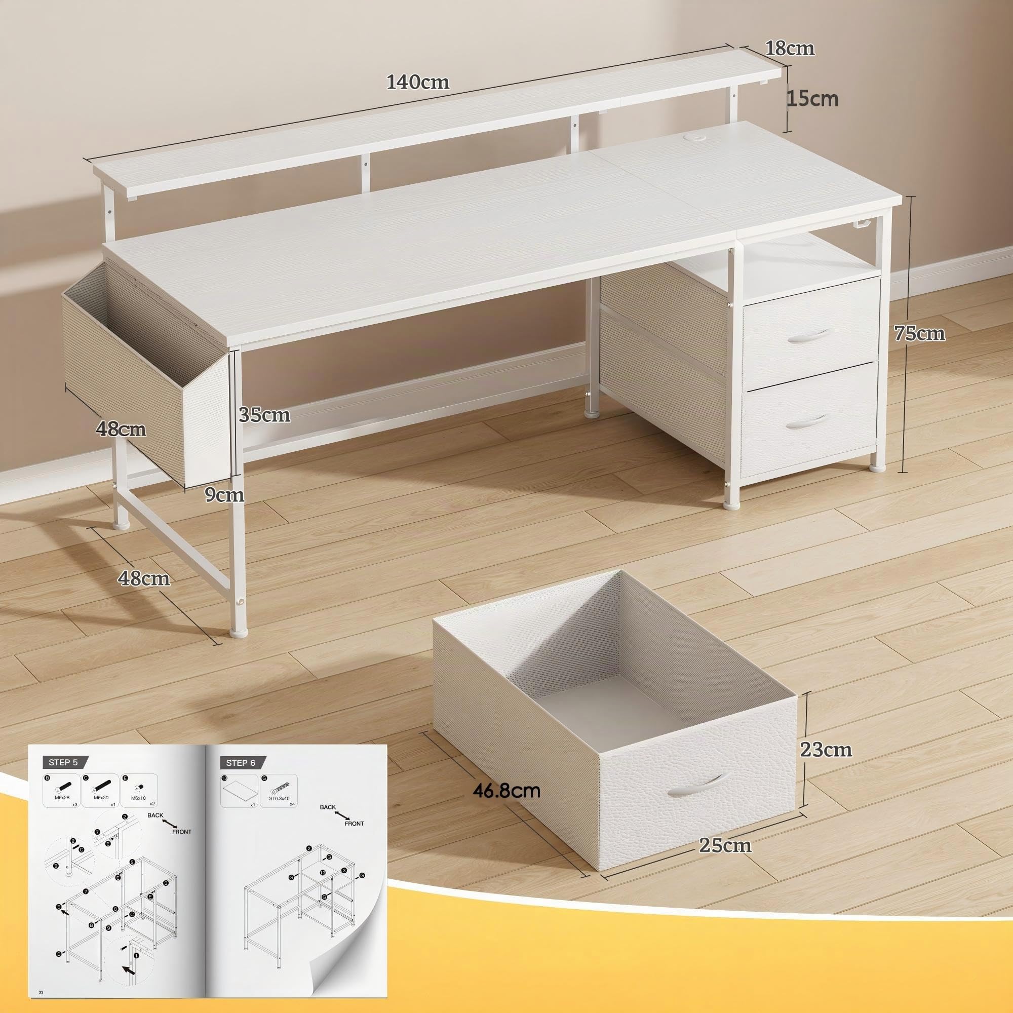 140x48 cm Rectangular Escritorio para Trabajo,Estudiar,Juegos,Blanco | Escritorio Gaming con 2 Cajones, 1 Organizador Colgante, Soporte para Monitor, 3 Altura ajustable, Gancho para Homeoficina