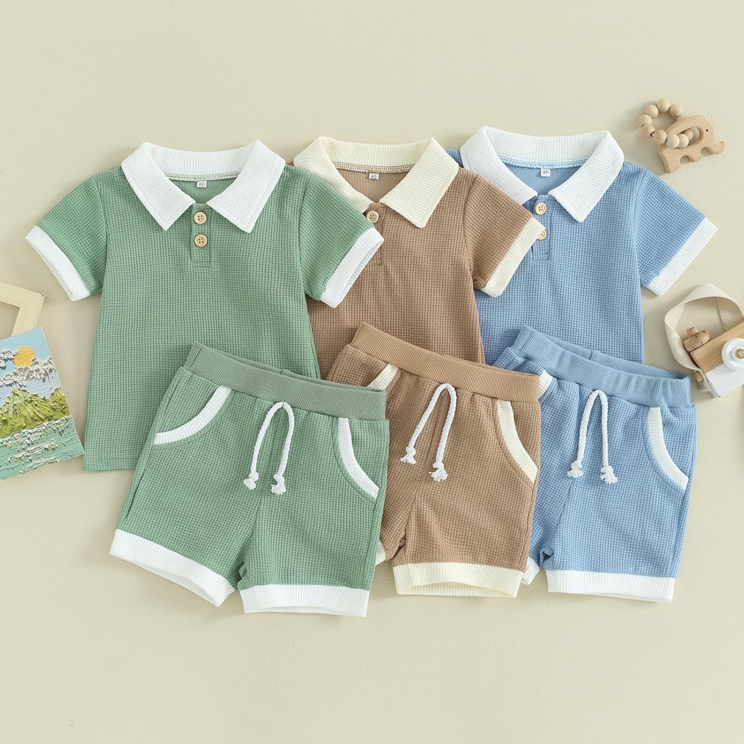 Kuriozud Newborn Baby Boy Summer Clothes Button Short Sleeve Romper Bodysuit Shorts Set Infant Soft Waffle Outfit - Image 2