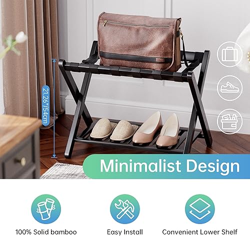 Miniatura 7 de SMIBUY Portaequipajes, juego de 2, soporte plegable de bambú para maleta con estante de almacenamiento para habitación de invitados, dormitorio,