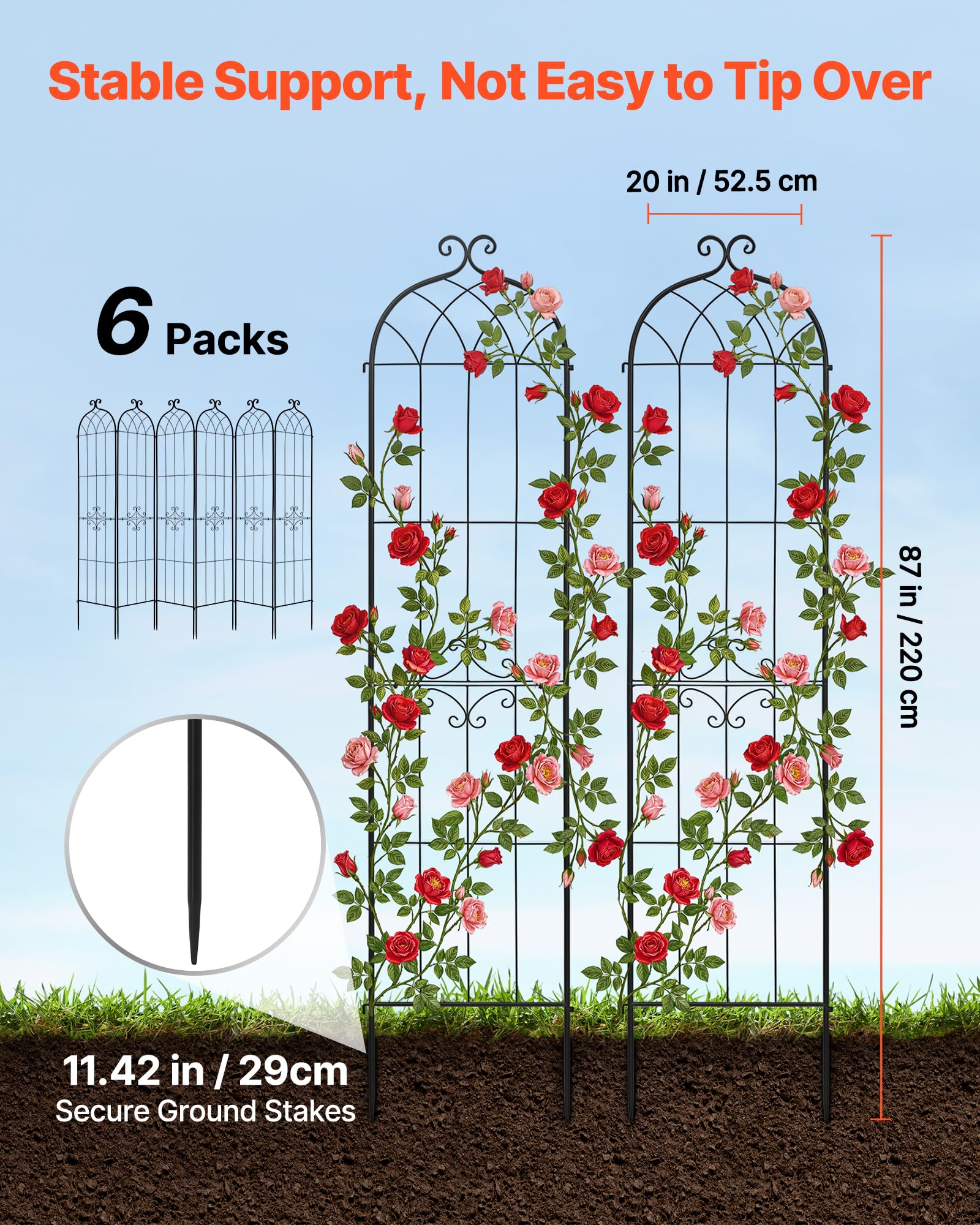 VEVOR Enrejado Metálico para Jardín, 220 x 52,5 cm, Celosías de Jardín, Conjunto de 6 Piezas, Soporte para Plantas Trepadoras con Estacas, Decoración de Diseño Elegante, para Enredaderas Flores, Negro