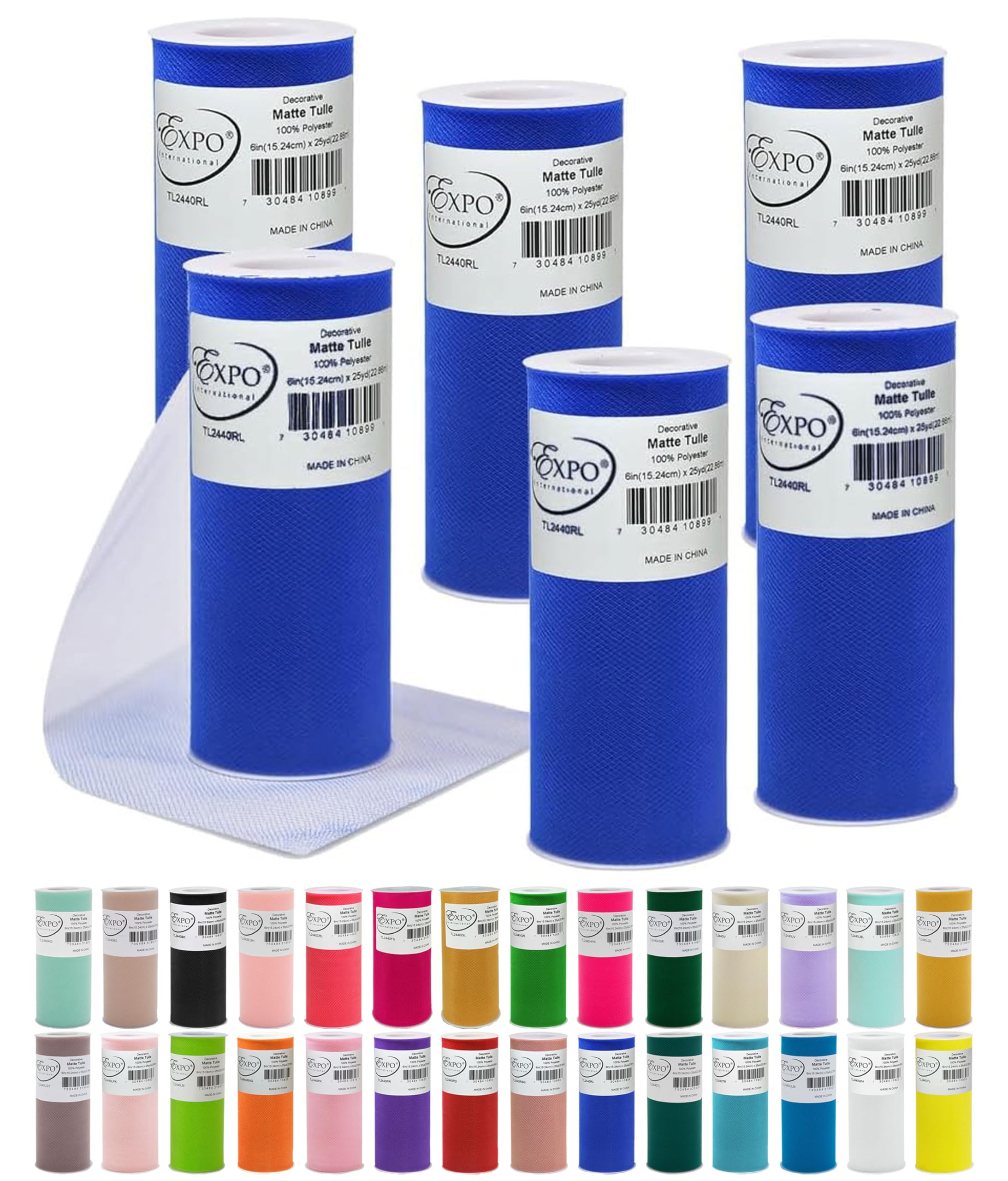 Expo International Decorative Matte Tulle, Roll/Spool of 6 Inch x 25 Yards (Pack of 6), Polyester-Made Tulle Fabric, Matte Finish, Lightweight, Versatile, Washable, Easy-to-Use, Royal Blue