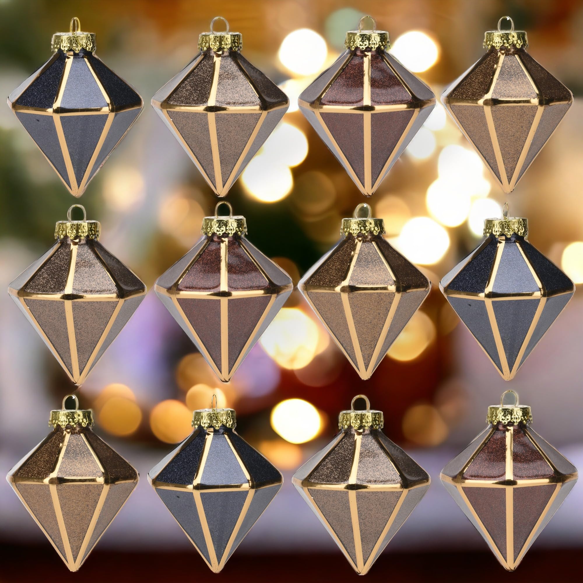 MIJOMA - Juego de 12 bolas de Navidad nostálgicas, irrompibles, Ø 8 cm, adorno para árbol de Navidad con diseño único y encanto vintage en azul zafiro, dorado y marrón (Set 4)