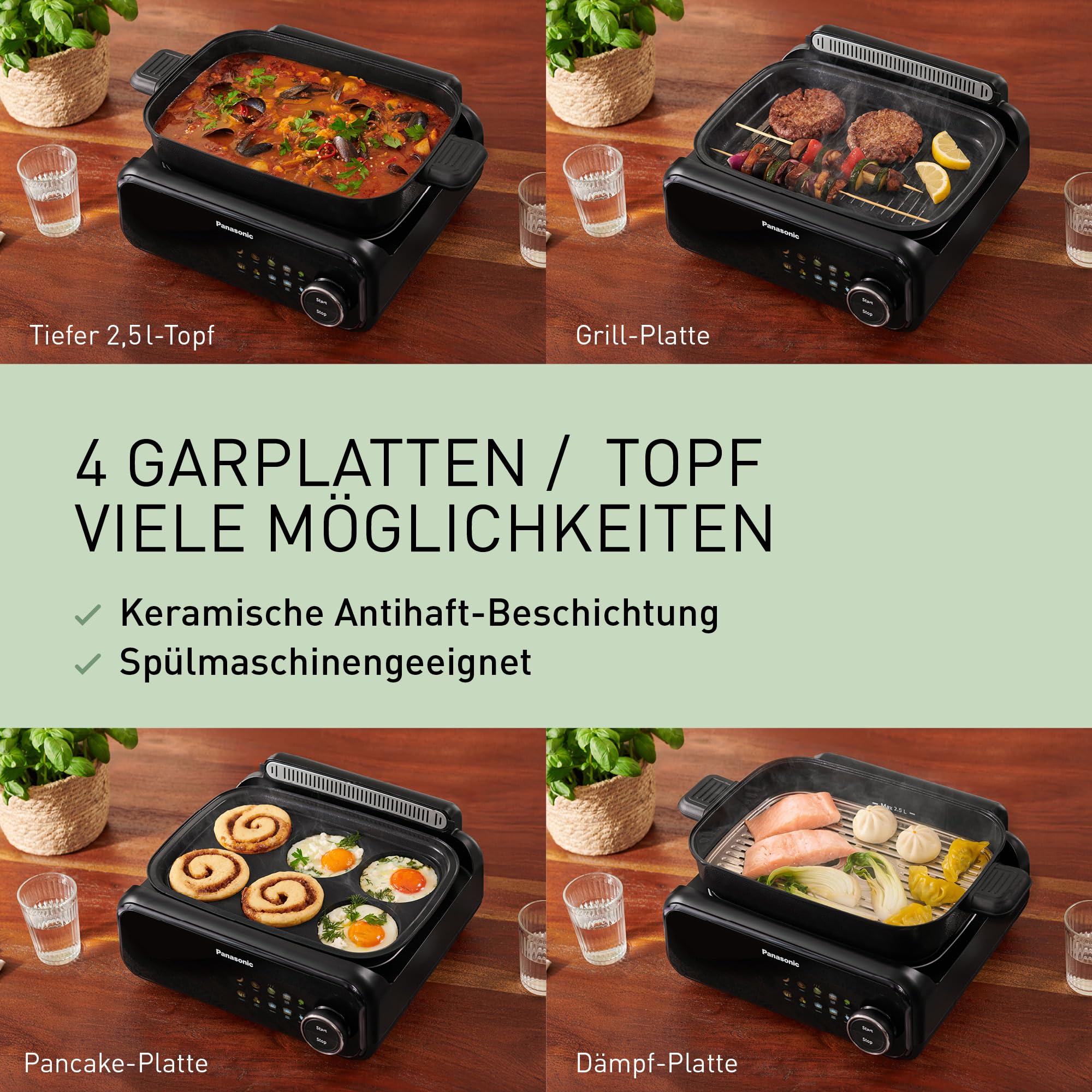 Panasonic NF-GM400 4-in-1 Elektro-Multikocher, Elektro Tischgrill, Braten, Slow Cook, BBQ, Dämpfen, Sautieren, 1400W, 40–250°C, 9 Auto-Modi, 4 Antihaftplatten, Rauchabsaugung, Schwarz
