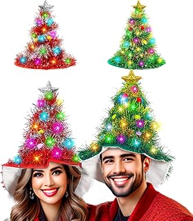 2 Pack LED Christmas Tree Hats Santa Hat with Tinsel Colorful Lights Christmas Hats for Kids Adults