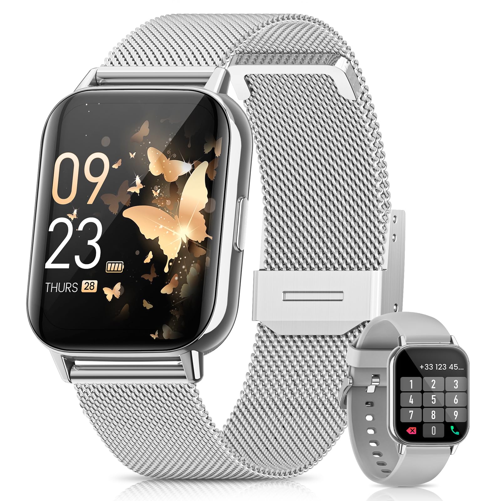 2026 Nuevo Reloj Inteligente Mujer, 1.85" AMOLED Smartwatch con Llamadas Función Femenina, 24H SpO2/Pulsómetro/Sueño,113+ Modos Deportivos 5ATM Calorías Podómetro WhatsApp Android iOS Plata, Regalo