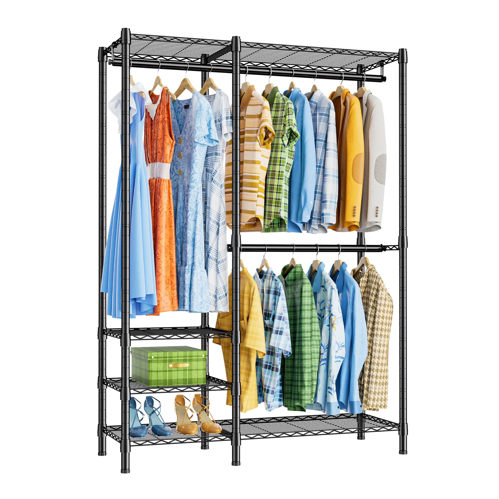 HEMTEN K4 Heavy Duty Clothes Rack, 4 Shelves & 2 Hang Rods, Black, Carbon Steel, 16.5"W x 45"L x 75.6"H, Max Load 790 lbs