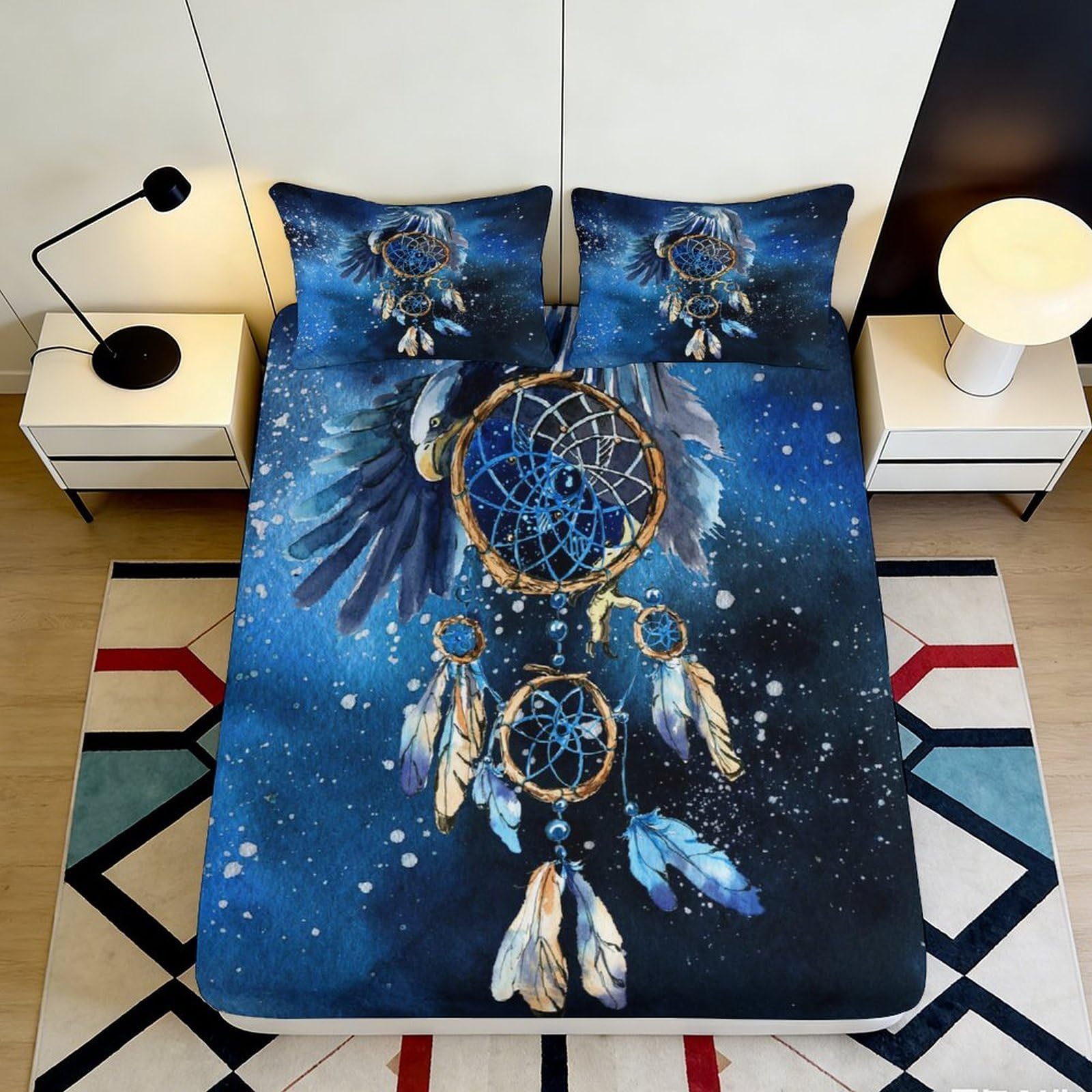 3D Printed Dreamcatcher Eagle Fitted Sheet Microfiber Blue Artistic Bed Cover for Bedroom Dorm Mattress Protection Decor 90x200x25cm
